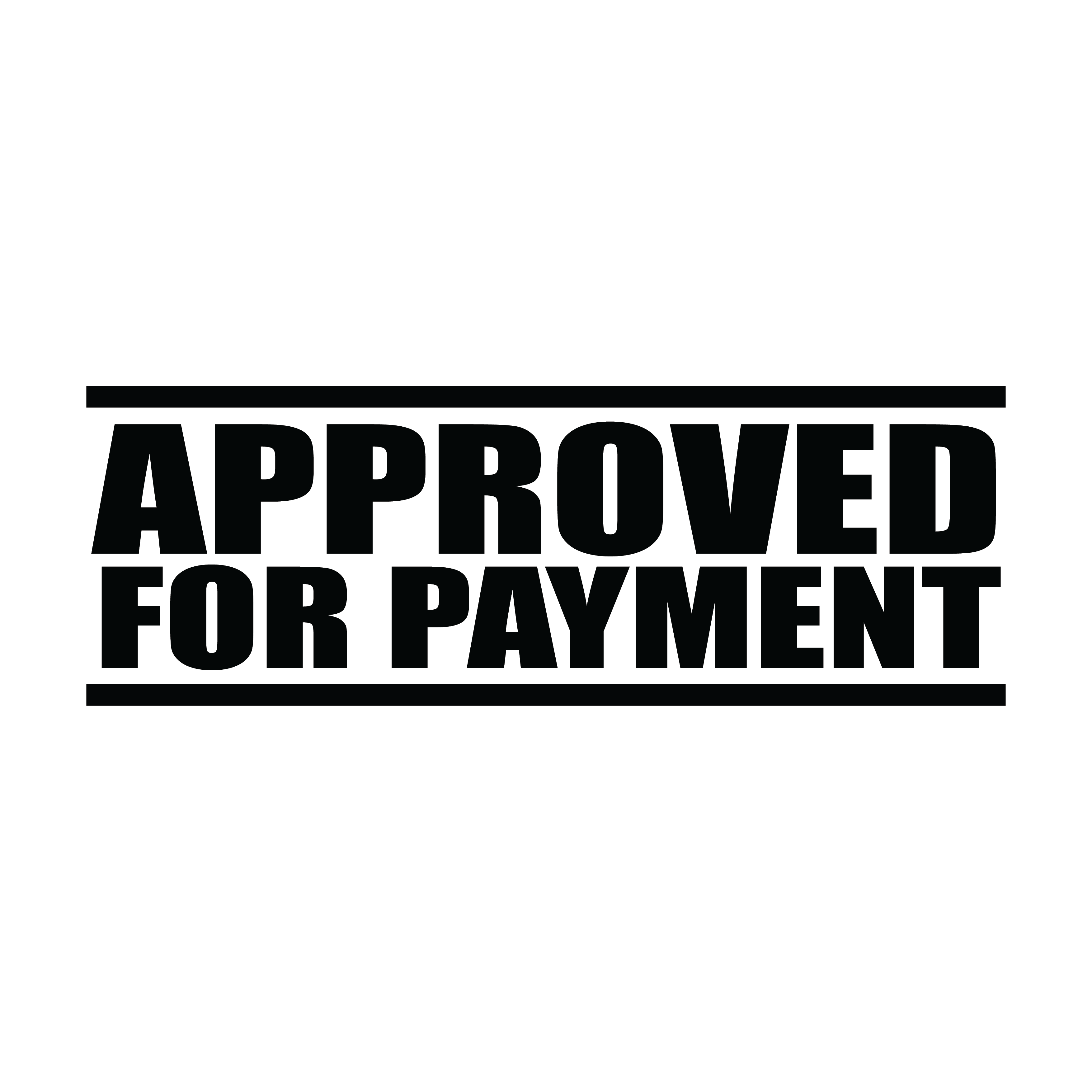 A black self inking rubber stamp with the word 'Approved For Payment' printed in bold capital letters in black ink. stampers hand stamp office business inventory documents