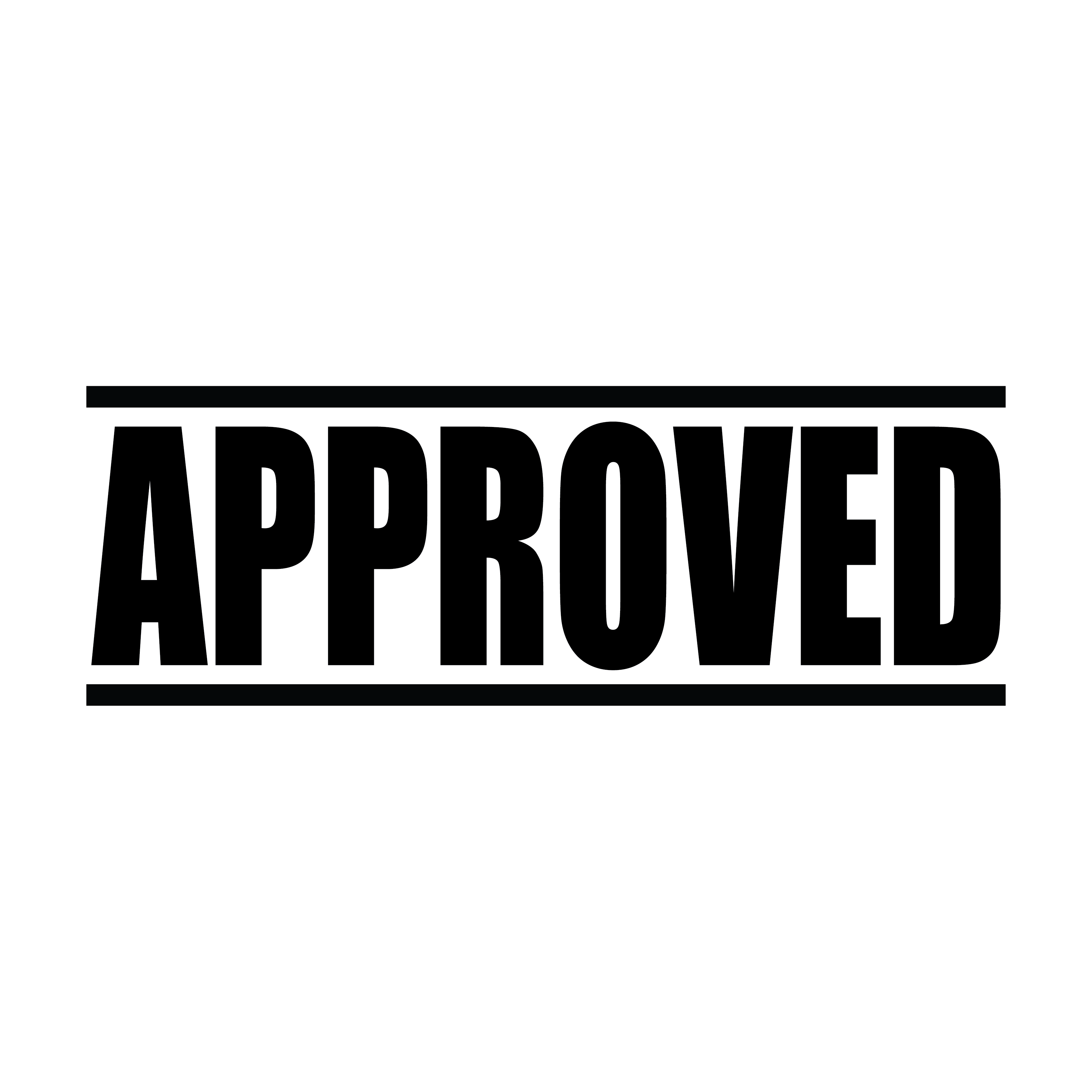 A black self inking rubber stamp with the word 'APPROVED' printed in bold capital letters in black ink. stampers hand stamp office business inventory documents black ink