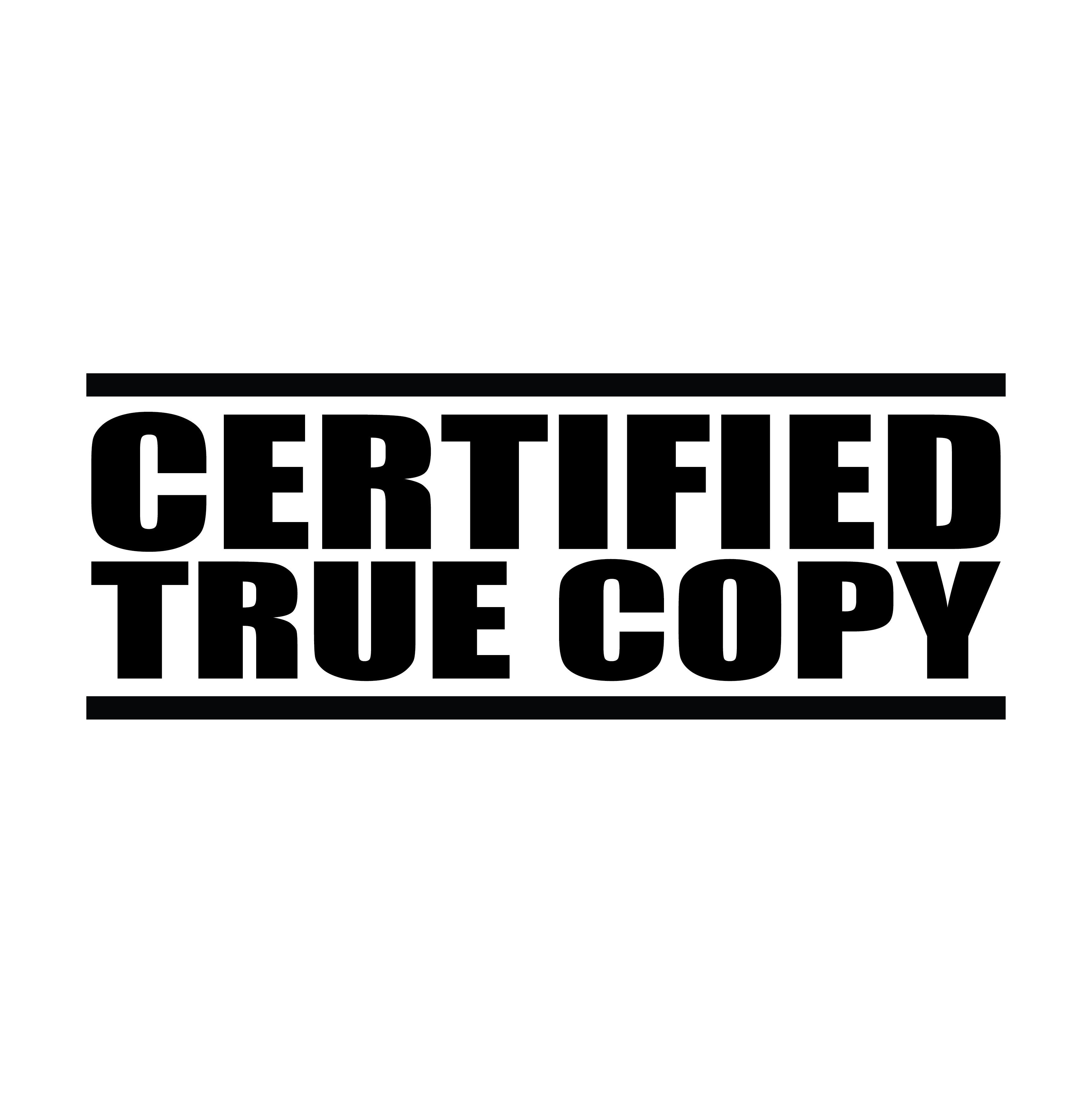 A black self inking rubber stamp with the word 'Certified True Copy' printed in bold capital letters in black ink. stampers hand stamp office business inventory documents self inking prefill refillable stamps stamping