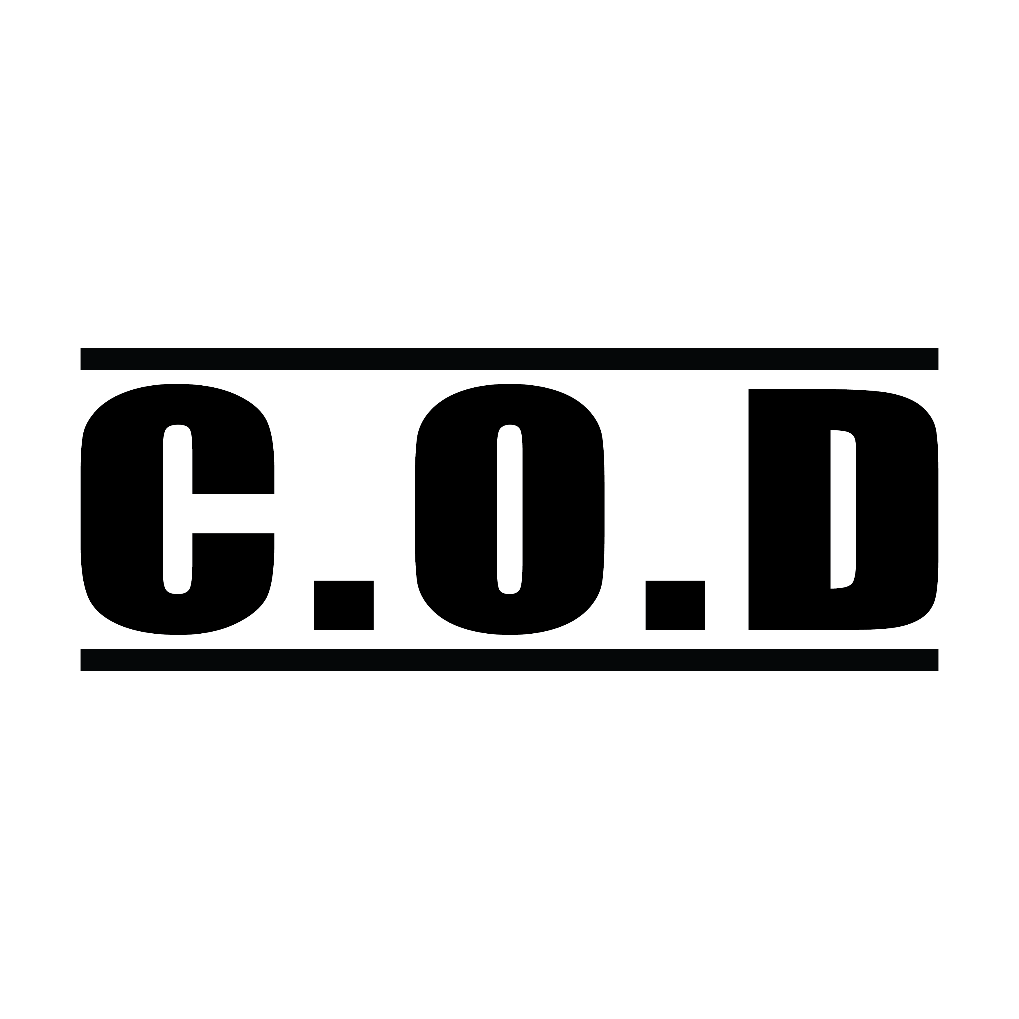 A black self inking rubber stamp with the word 'COD ' printed in bold capital letters in black ink. stampers hand stamp office business inventory documents