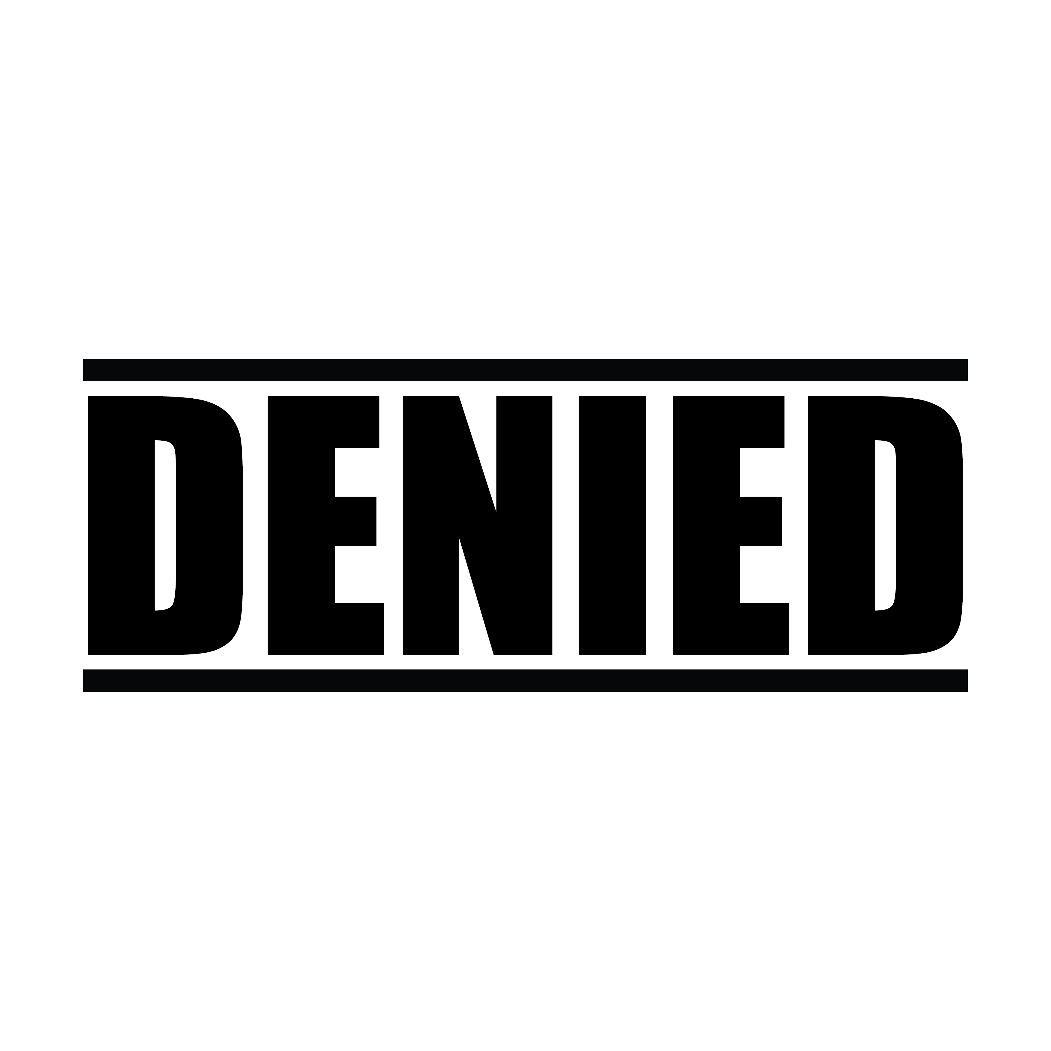 A black self inking rubber stamp with the word 'Denied' printed in bold capital letters in black ink. stampers hand stamp office business inventory documents self inking prefill refillable stamps stamping