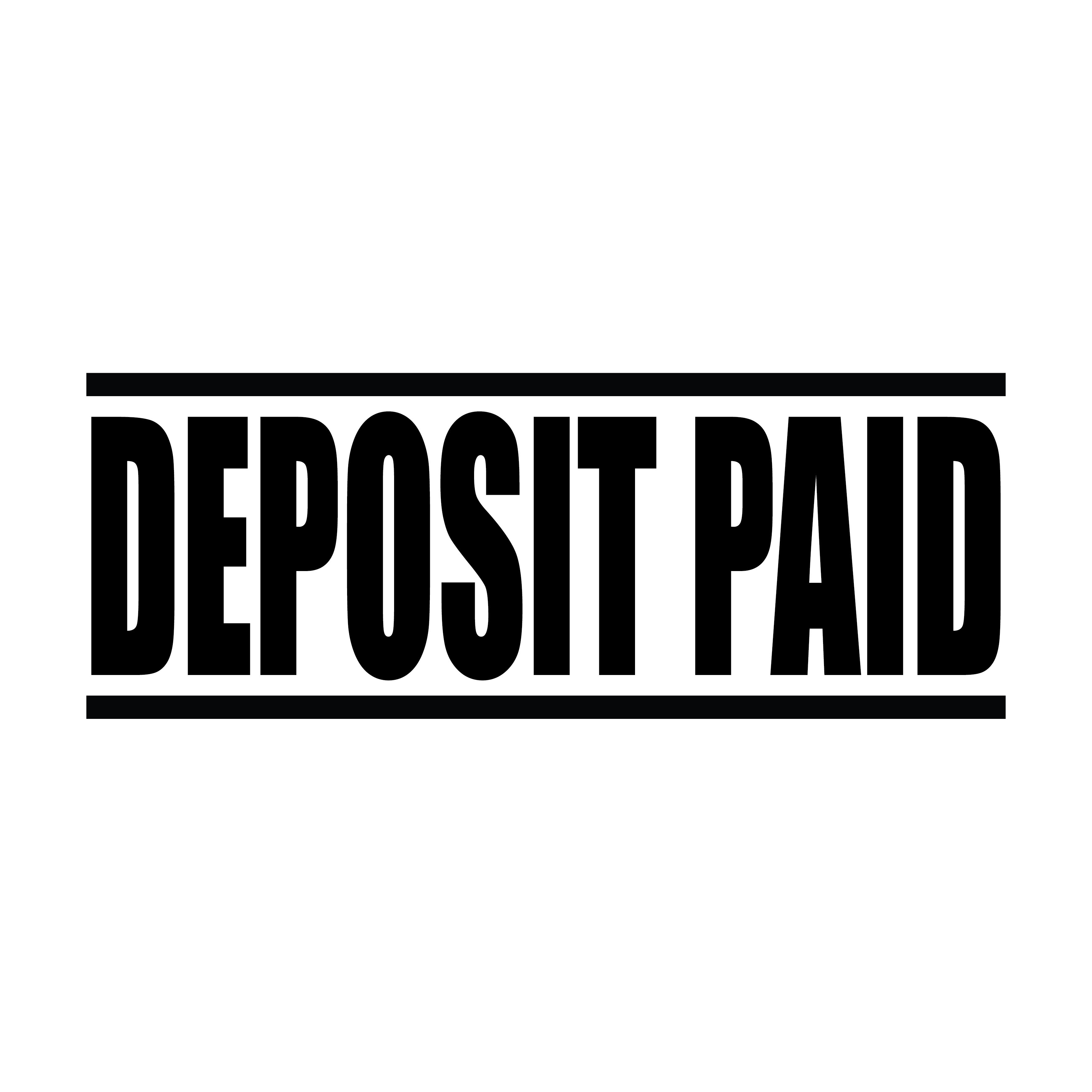 A black self inking rubber stamp with the word 'Deposit Paid' printed in bold capital letters in black ink. stampers hand stamp office business inventory documents self inking prefill refillable stamps stamping