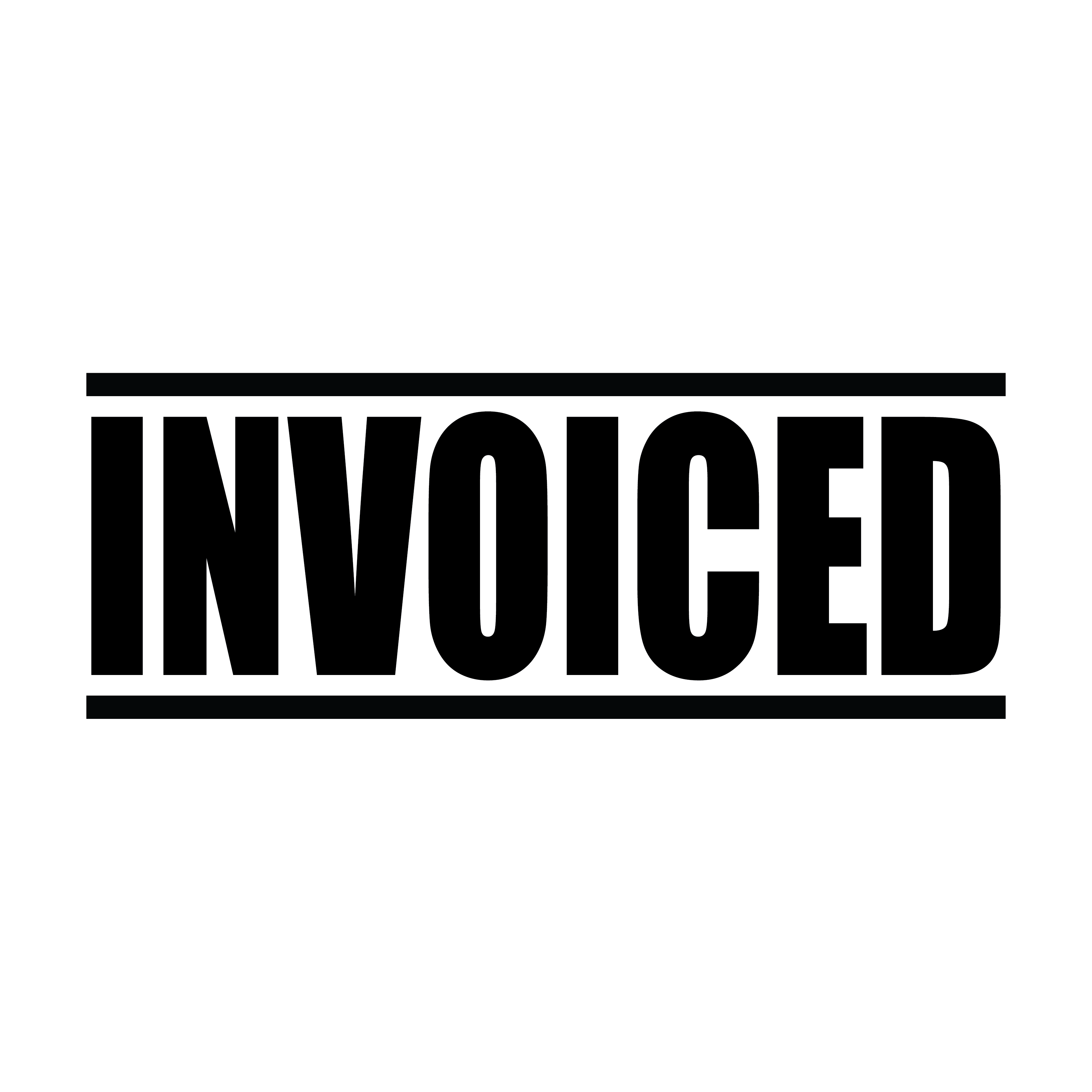 A black self inking rubber stamp with the word 'INVOICED' printed in bold capital letters in black ink. stampers hand stamp office business inventory documents