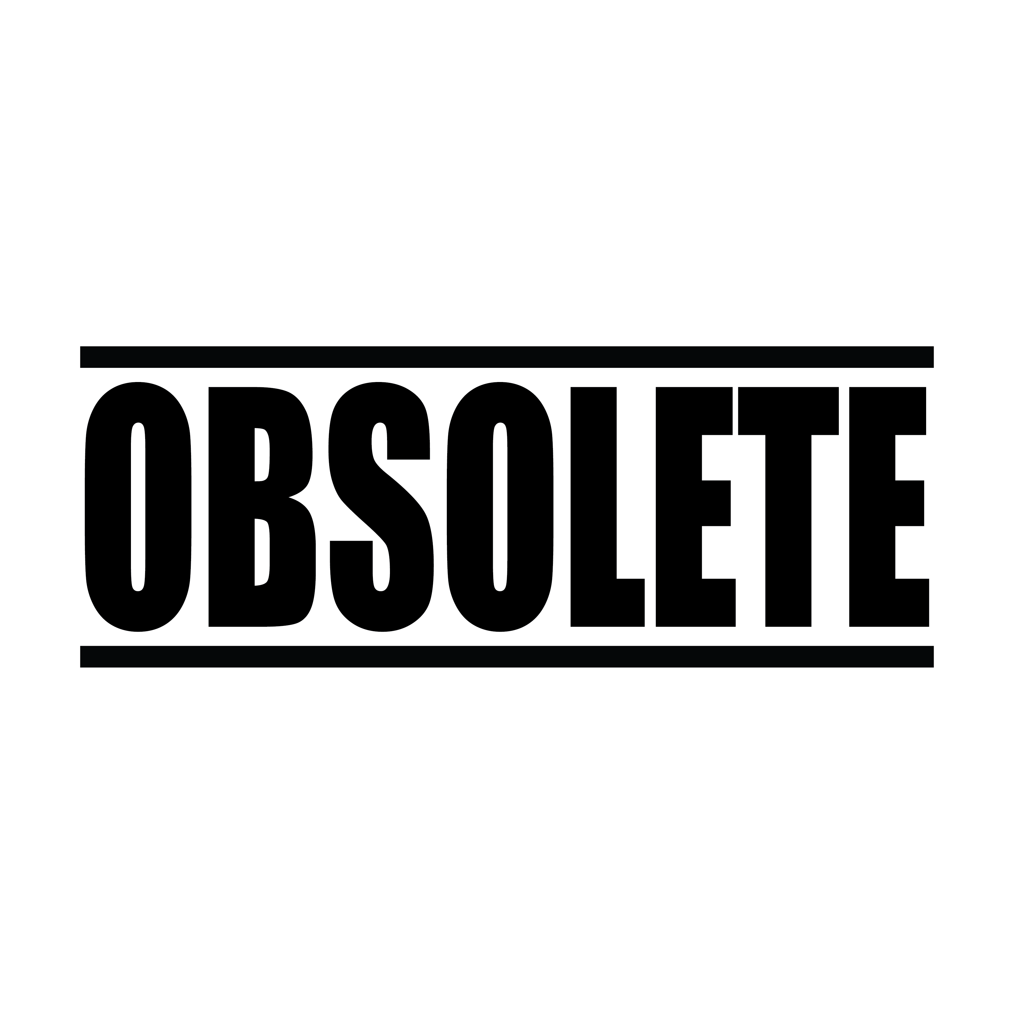 A black self inking rubber stamp with the word 'Obsolete' printed in bold capital letters in black ink. stampers hand stamp office business inventory documents