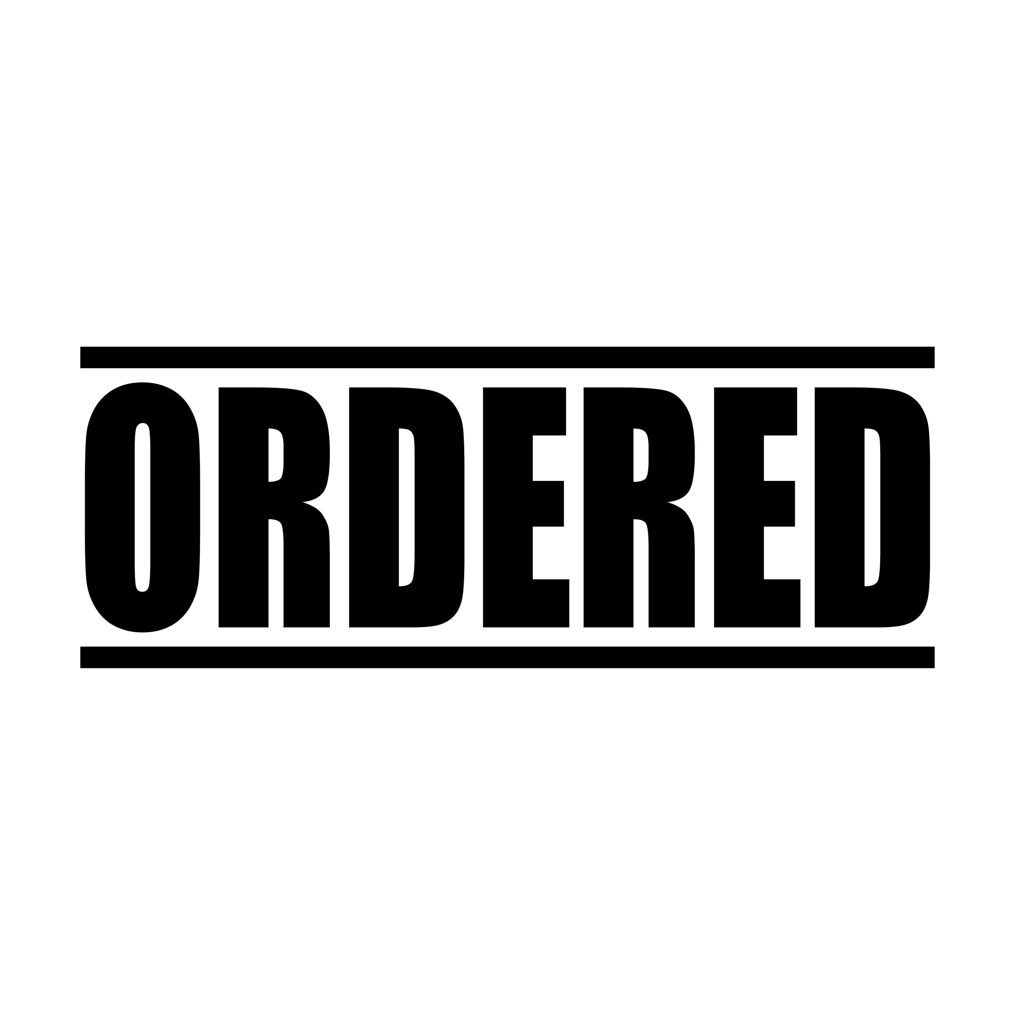 "A black self inking rubber stamp with the word 'ORDERED' printed in bold capital letters in black ink. stampers hand stamp office business inventory documents black ink
"