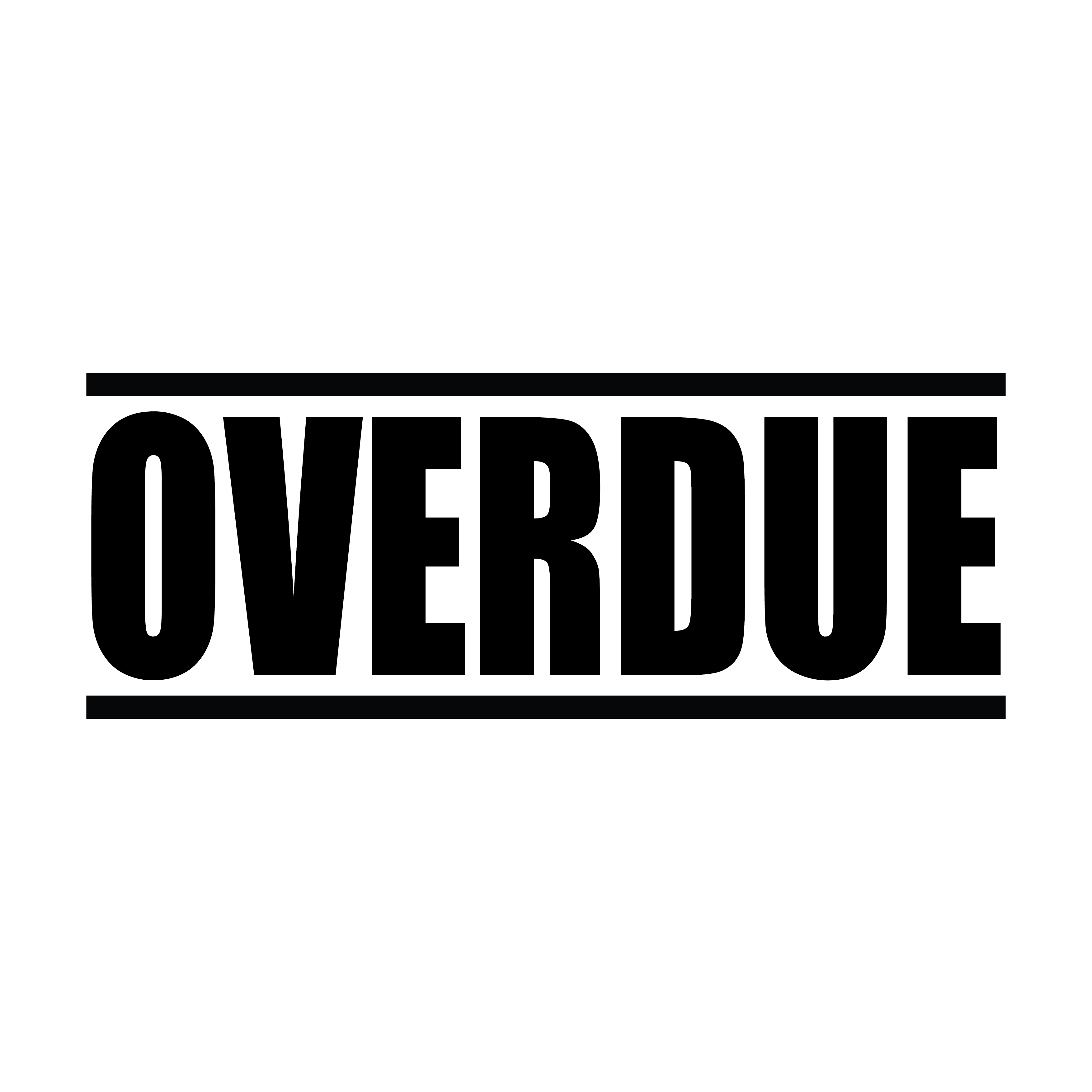 A black self inking rubber stamp with the word 'Overdue ' printed in bold capital letters in black ink. stampers hand stamp office business inventory documents