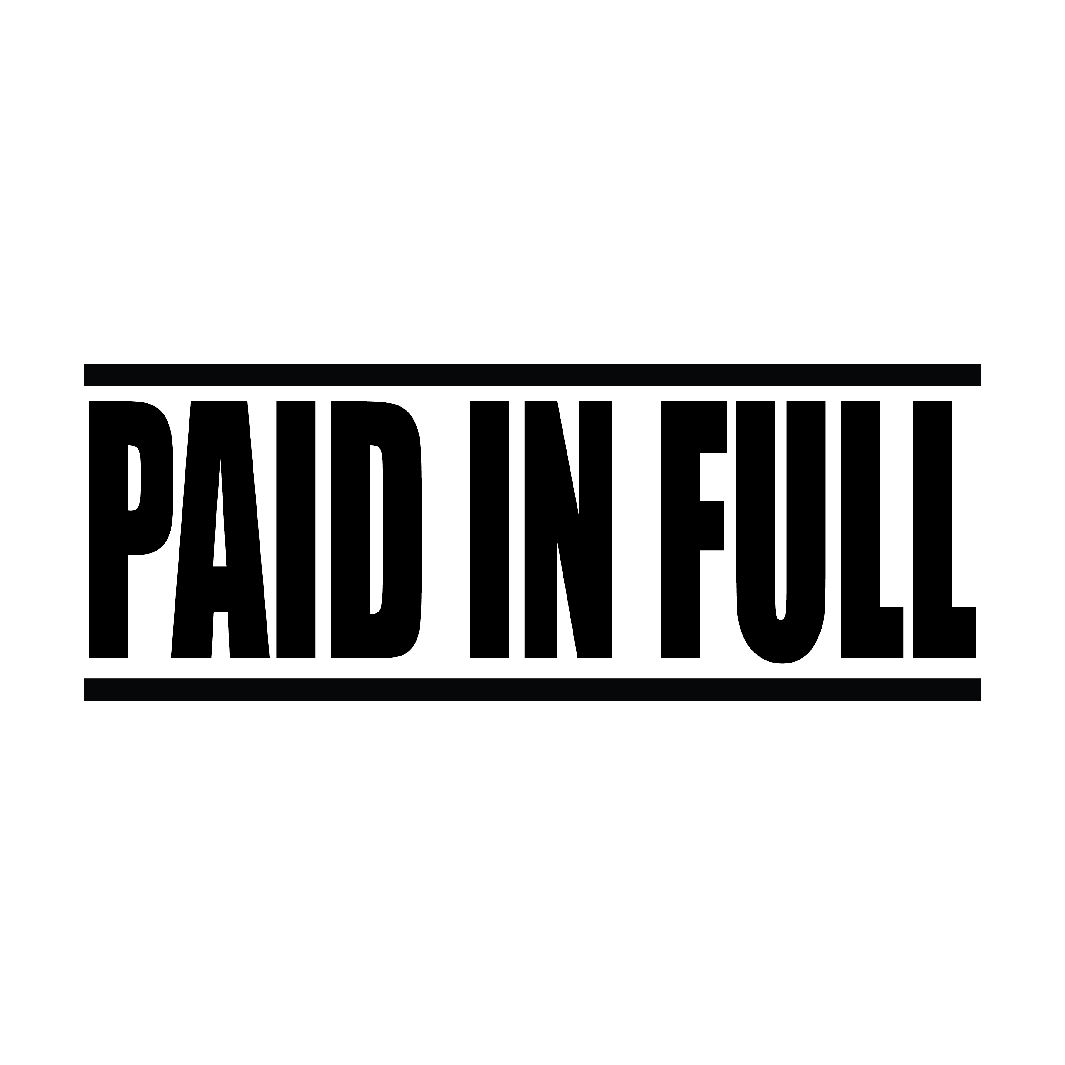 A black self inking rubber stamp with the word 'Paid In Full' printed in bold capital letters in black ink. stampers hand stamp office business inventory documents