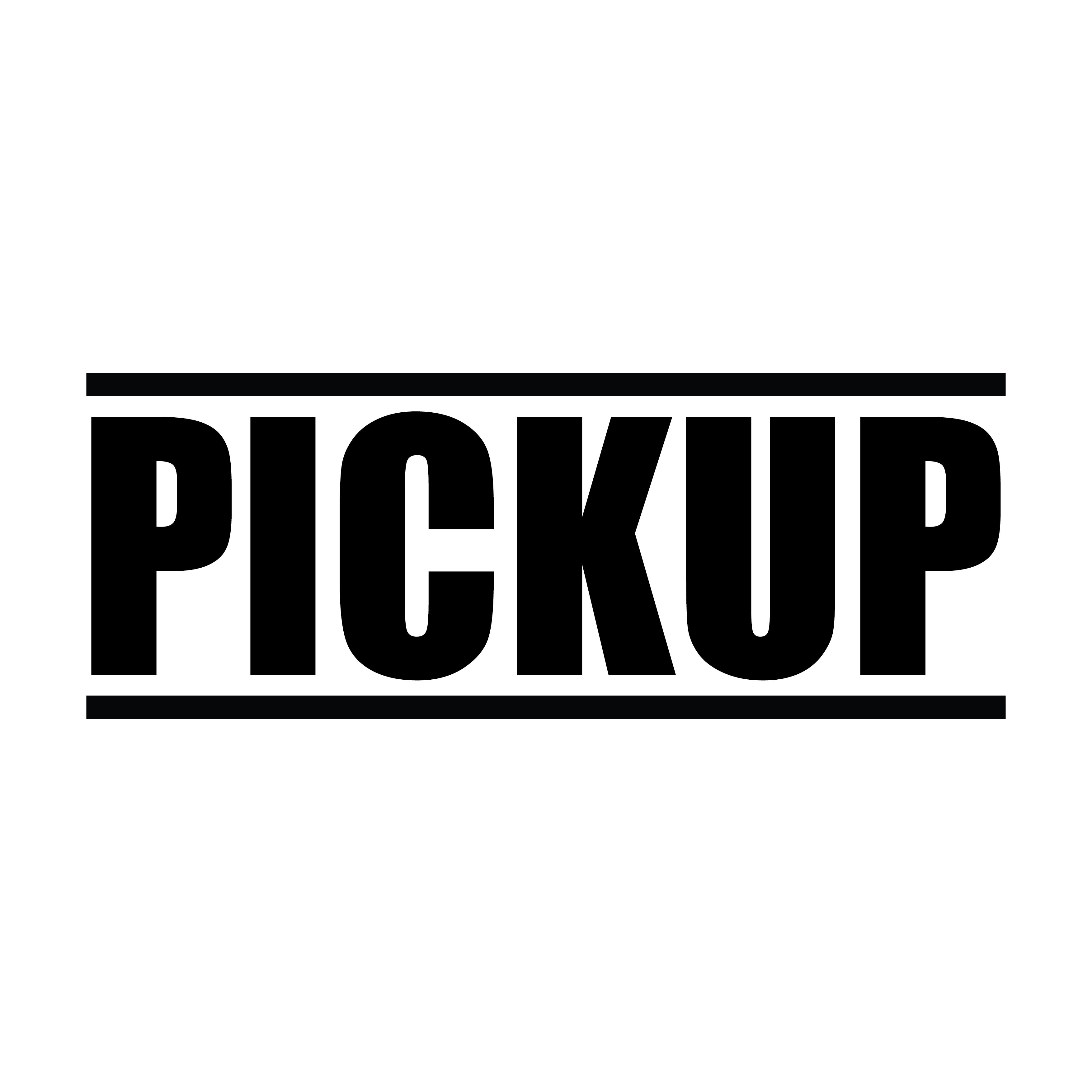 A black self inking rubber stamp with the word 'Pickup' printed in bold capital letters in black ink. stampers hand stamp office business inventory documents pick up