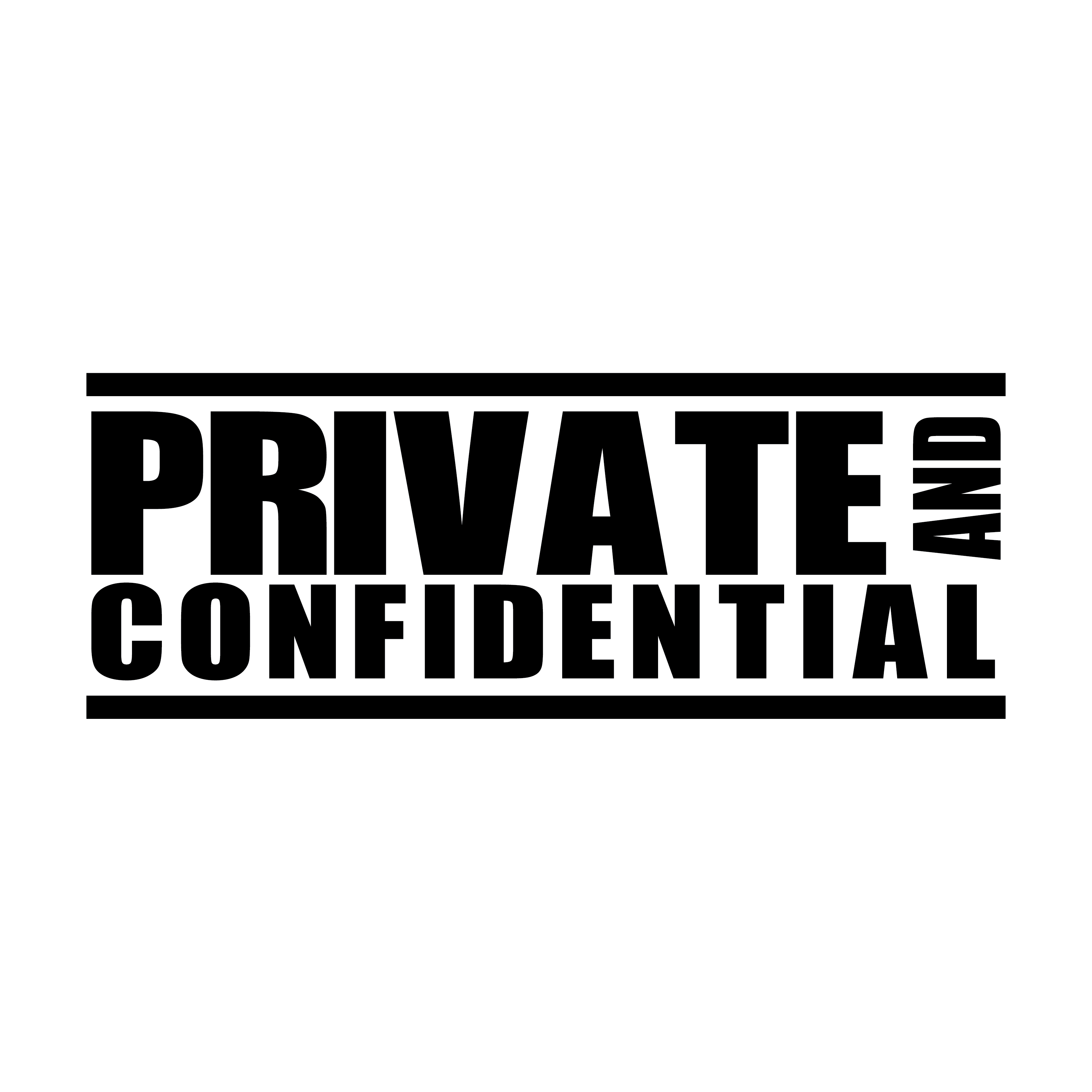A black self inking rubber stamp with the word 'Private and Confidential' printed in bold capital letters in black ink. stampers hand stamp office business inventory documents