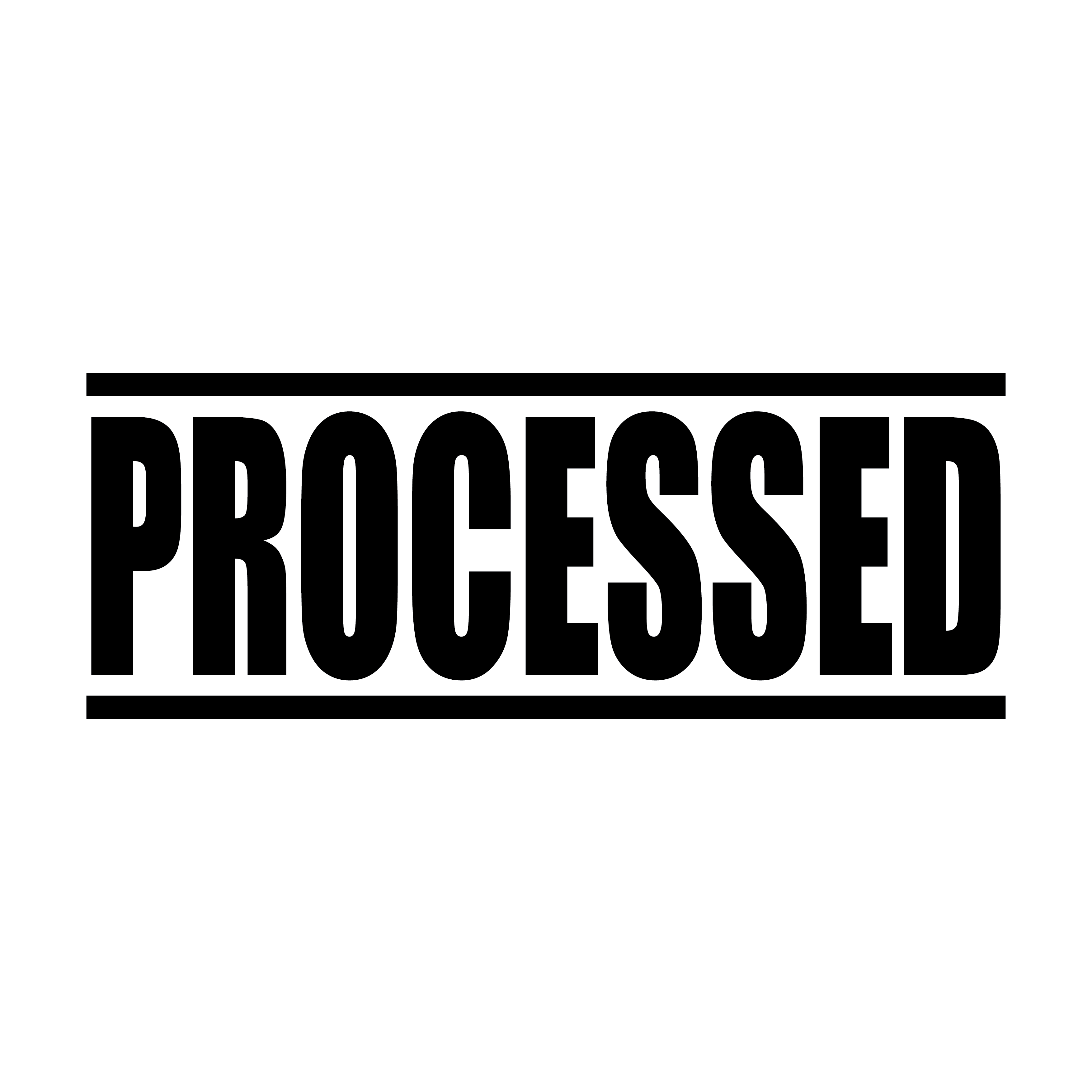 A black self inking rubber stamp with the word 'Processed ' printed in bold capital letters in black ink. stampers hand stamp office business inventory documents