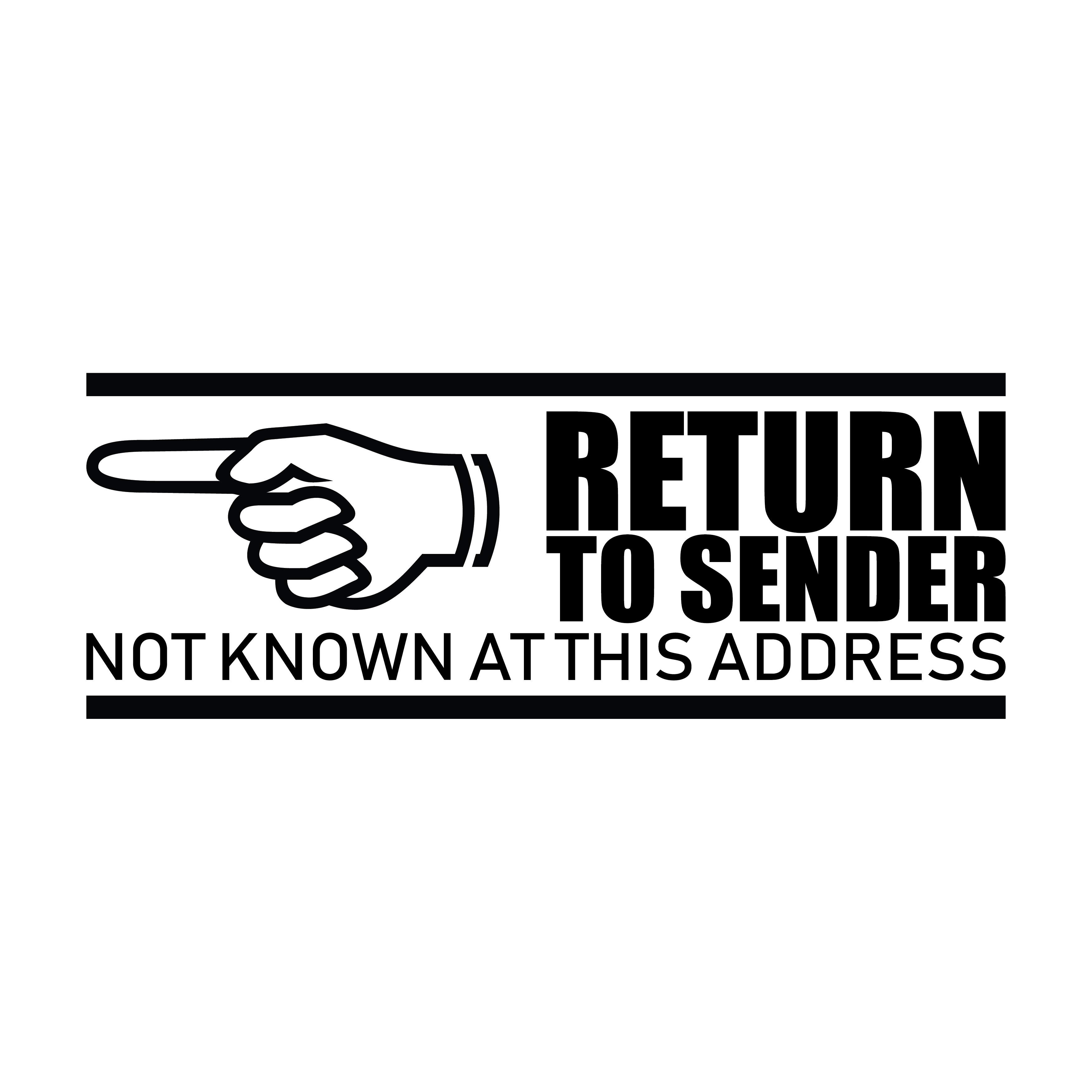 A Black self-inking rubber stamp with the text 'RETURN TO SENDER' and an pointing hand icon above the text.
