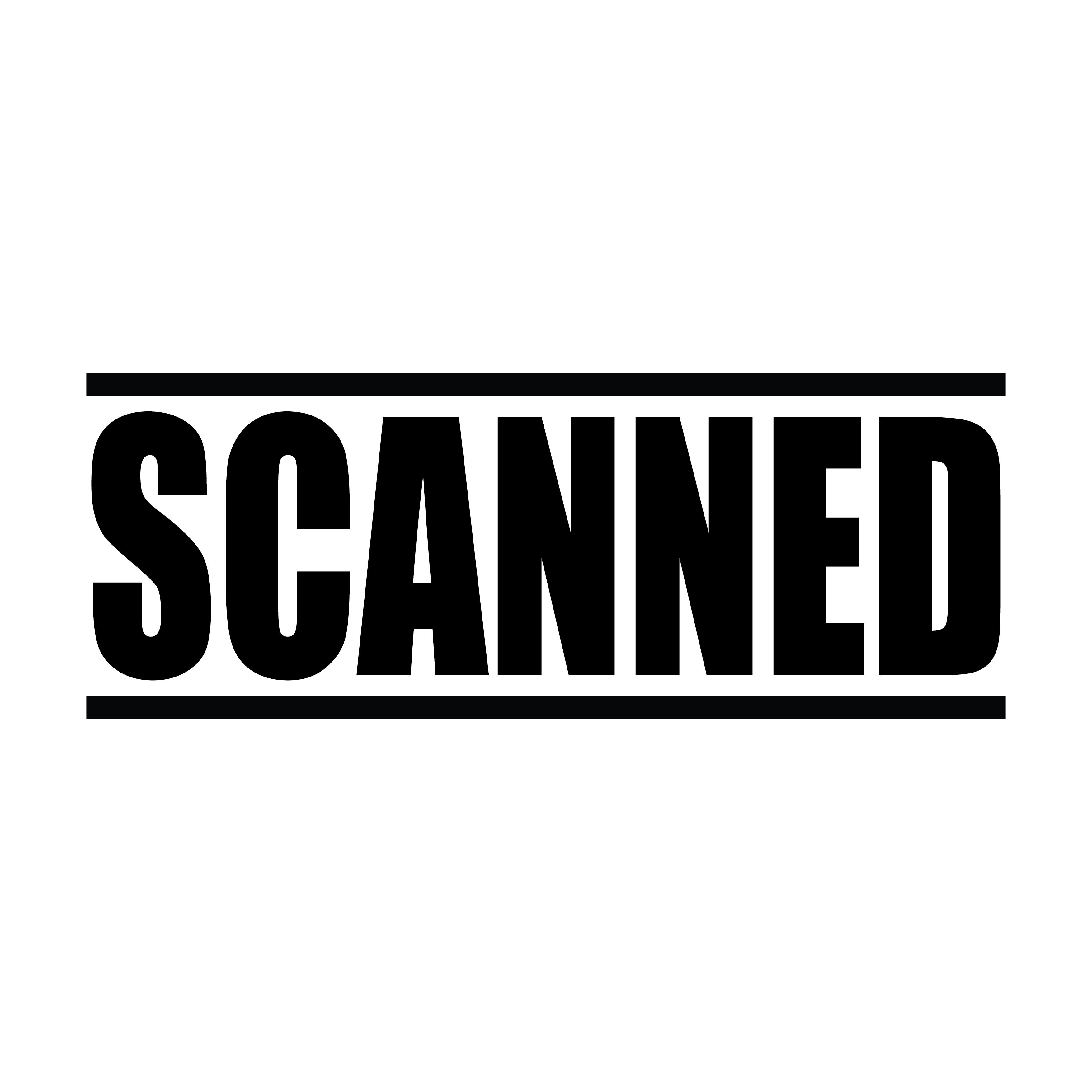 "A black self inking rubber stamp with the word 'SCANNED' printed in bold capital letters in black ink. stampers hand stamp office business inventory documents black ink
"