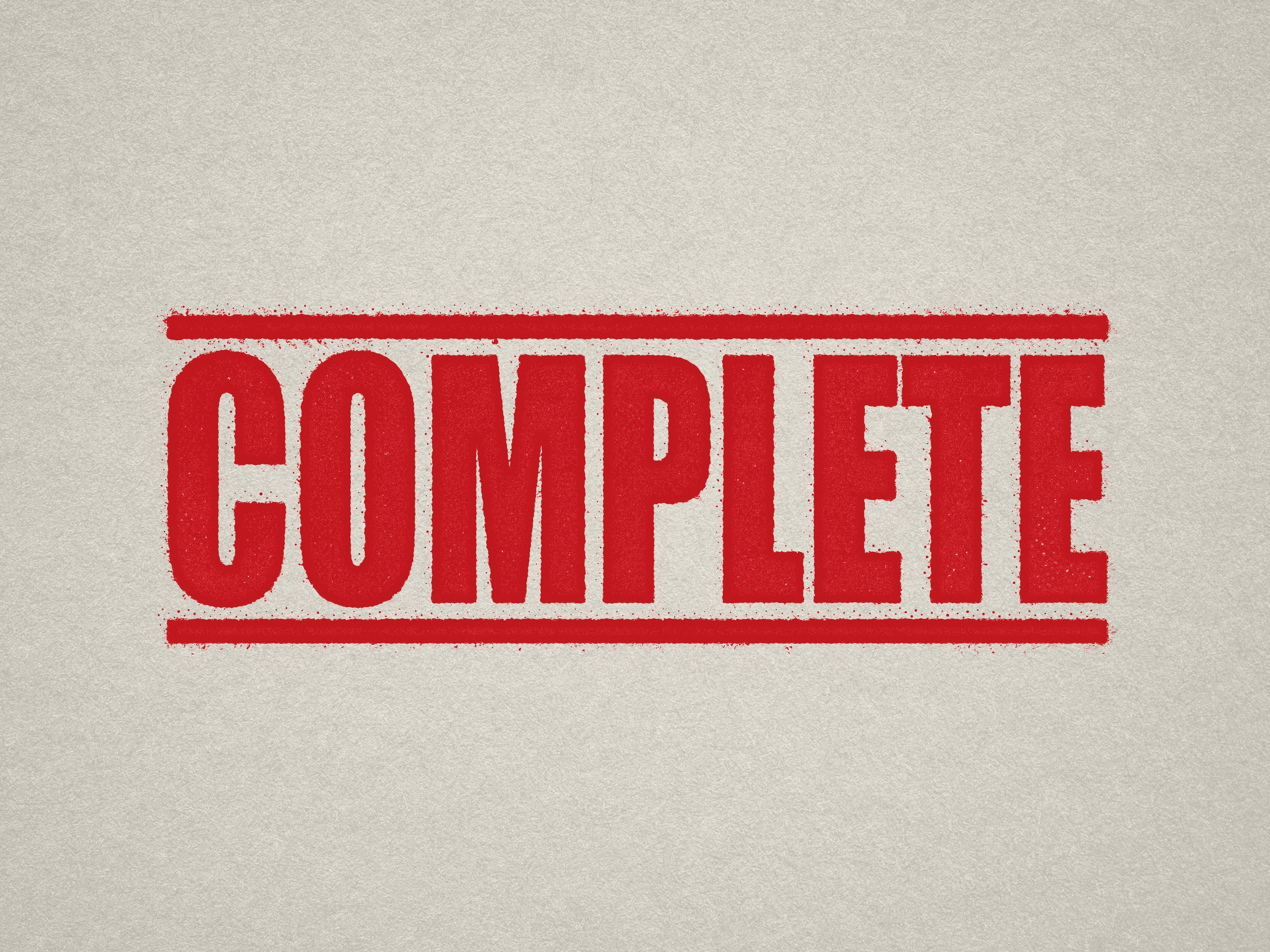 mock up design of 'Complete" rubber stamp red ink in paper background stampers hand stamp office business inventory documents