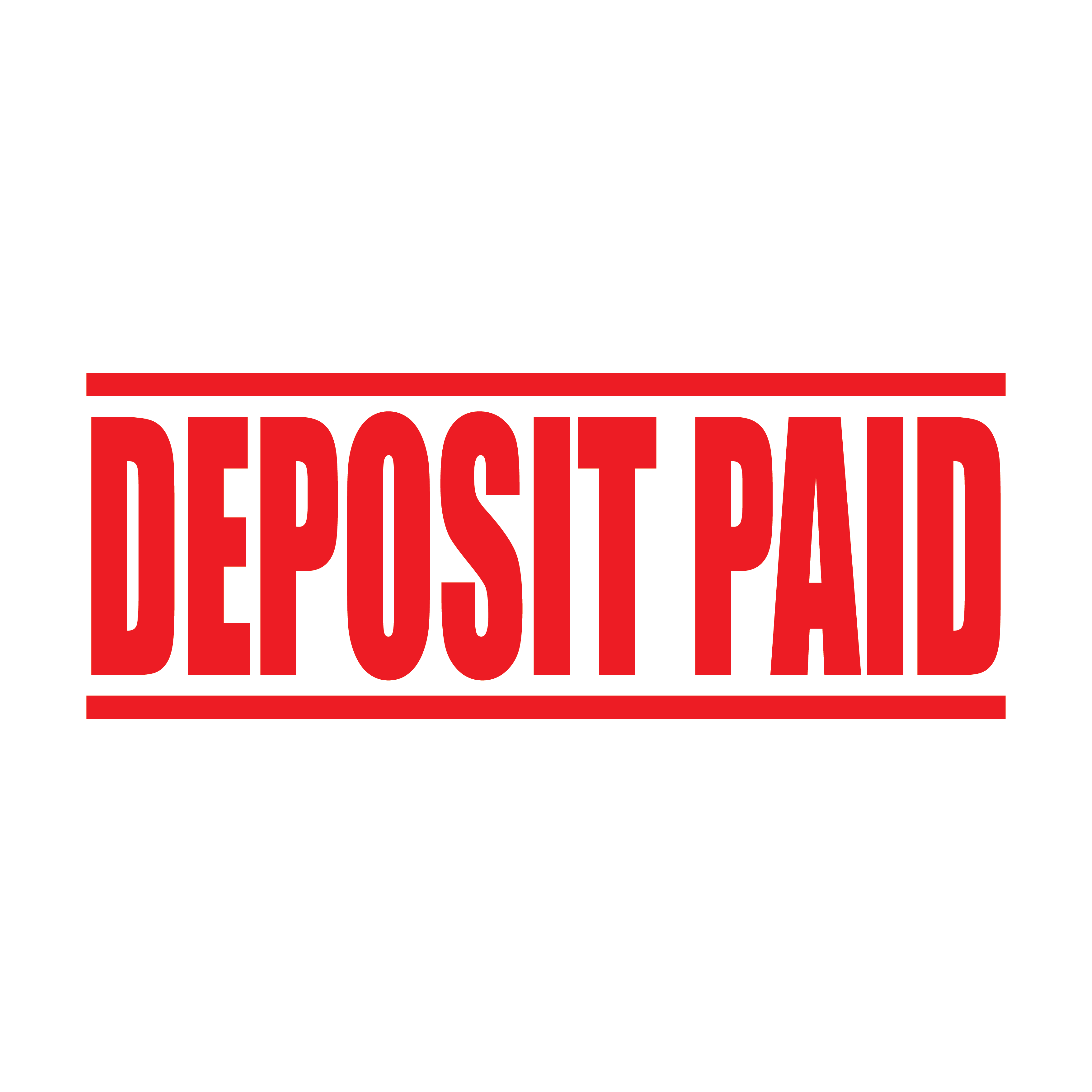 A red self inking rubber stamp with the word 'Deposit Paid' printed in bold capital letters in red ink. stampers hand stamp office business inventory documents self inking prefill refillable stamps stamping