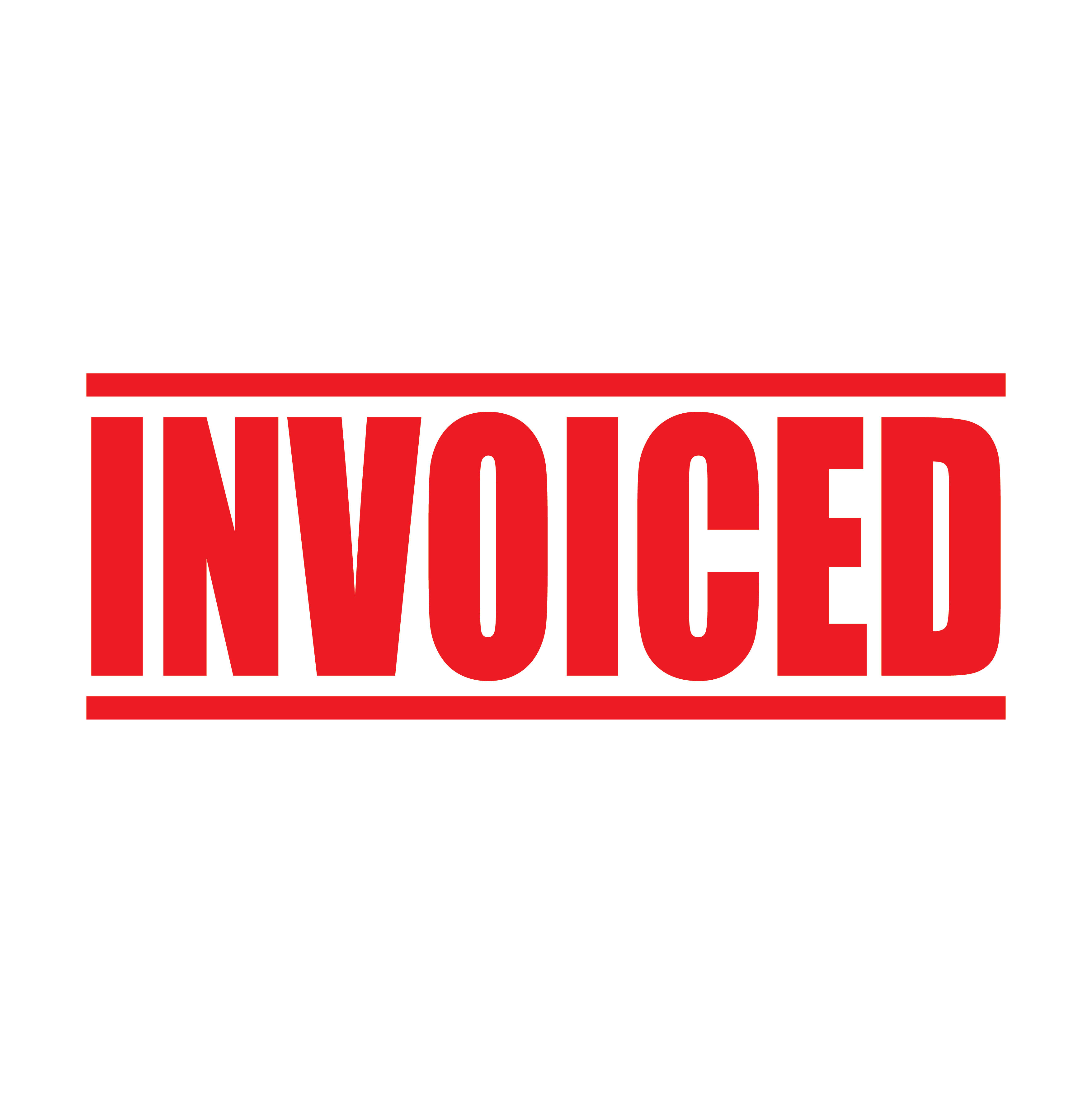 A red self inking rubber stamp with the word 'INVOICED' printed in bold capital letters in red ink. stampers hand stamp office business inventory documents