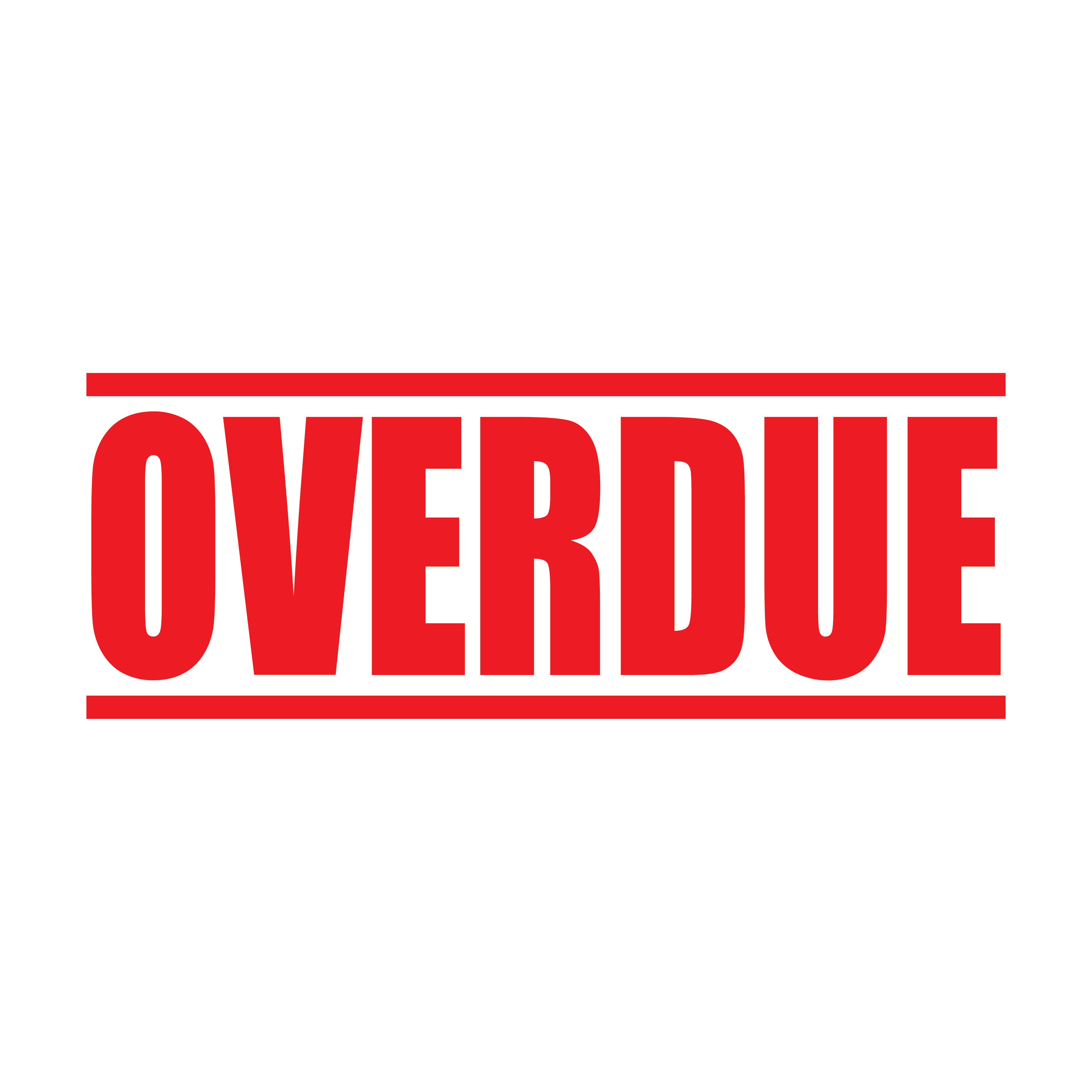 A red self inking rubber stamp with the word 'Overdue ' printed in bold capital letters in red ink. stampers hand stamp office business inventory documents