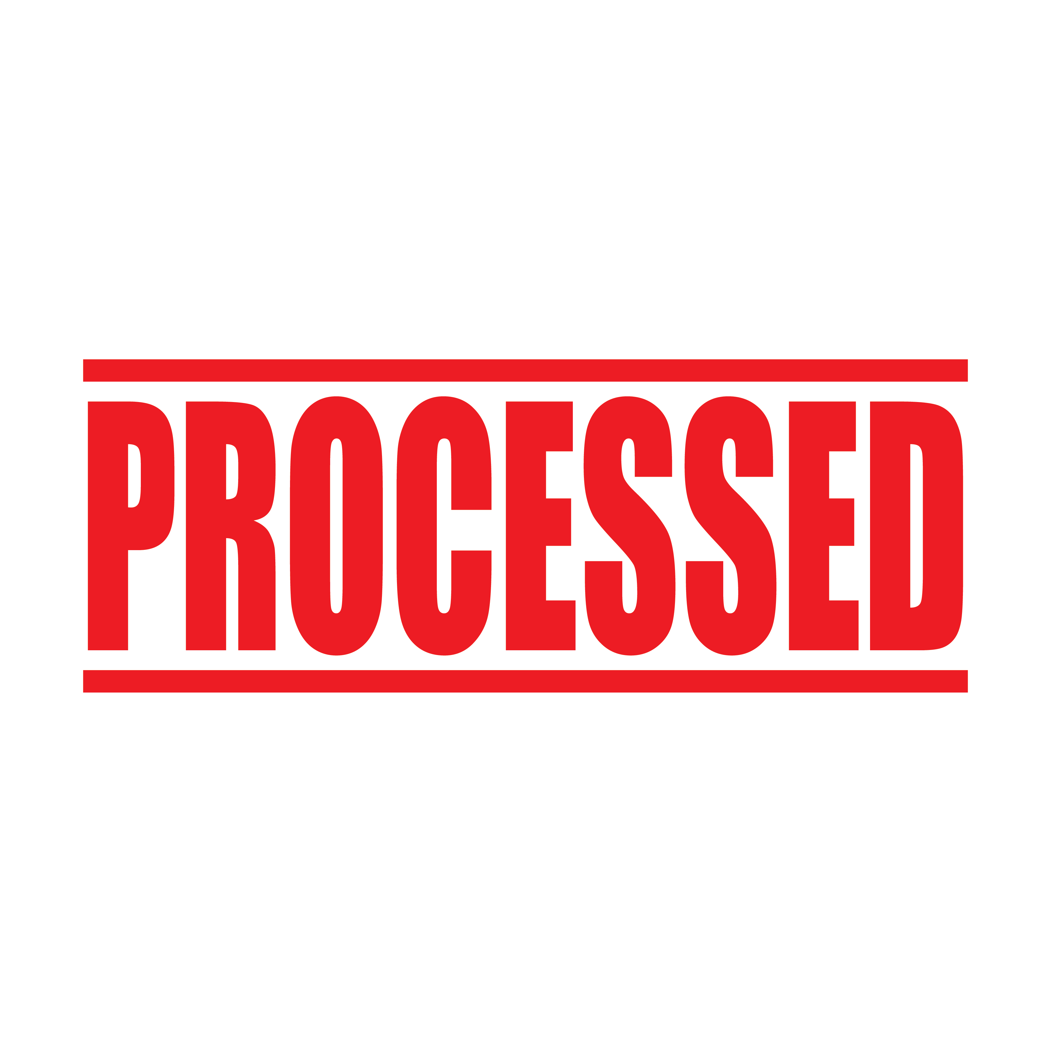 A red self inking rubber stamp with the word 'Processed ' printed in bold capital letters in red ink. stampers hand stamp office business inventory documents