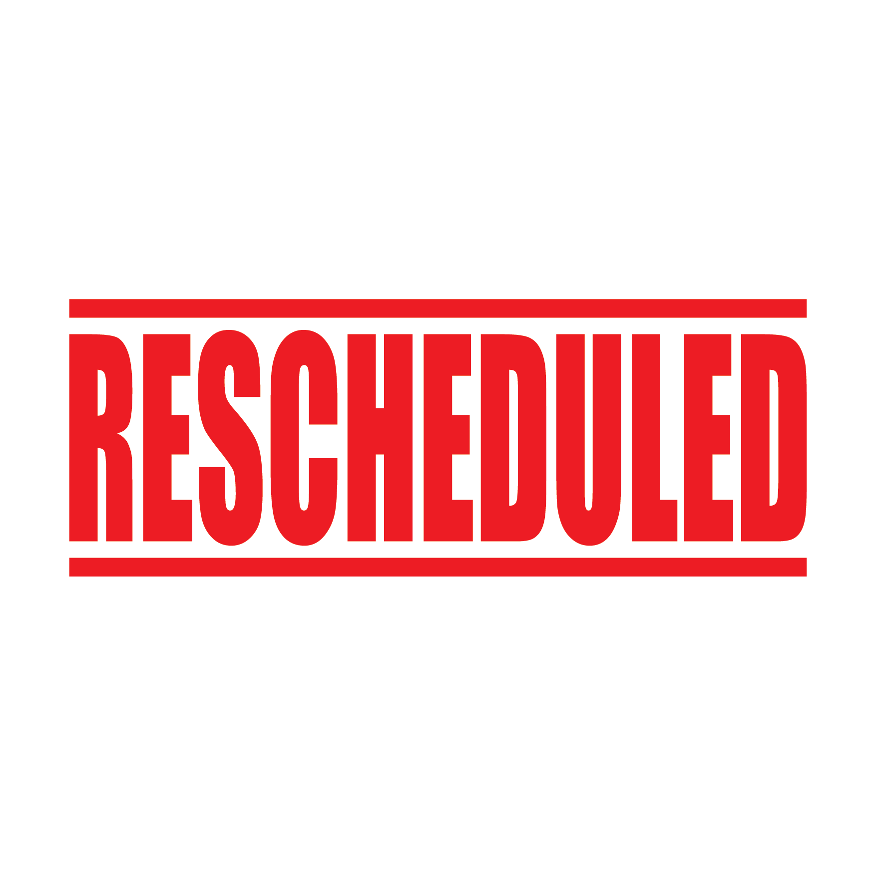 A red ink stamp with the word 'RESCHEDULED' printed in bold capital letters.
