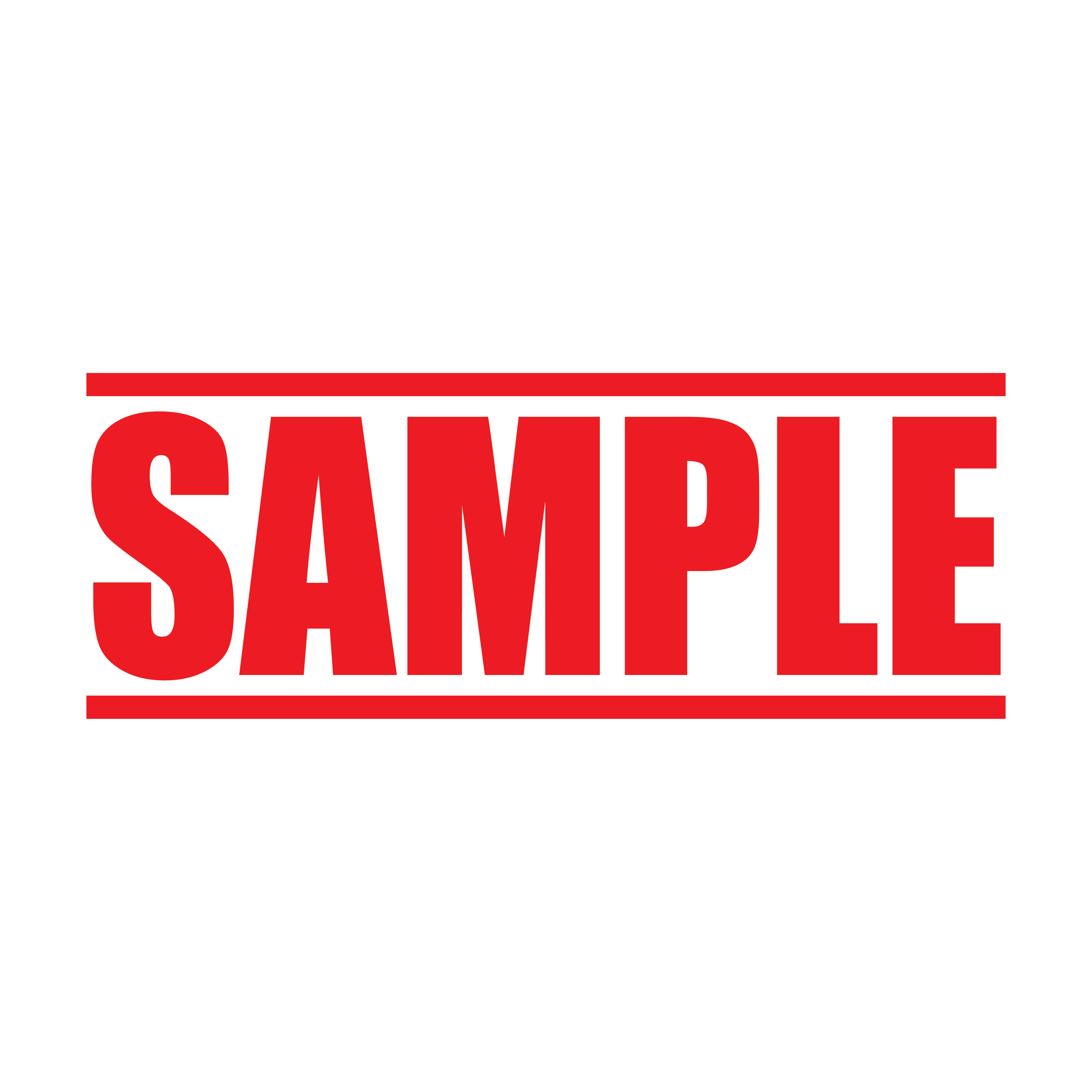 A red self inking rubber stamp with the word 'Sample ' printed in bold capital letters in red ink. stampers hand stamp office business inventory documents self inking prefill refillable stamps stamping