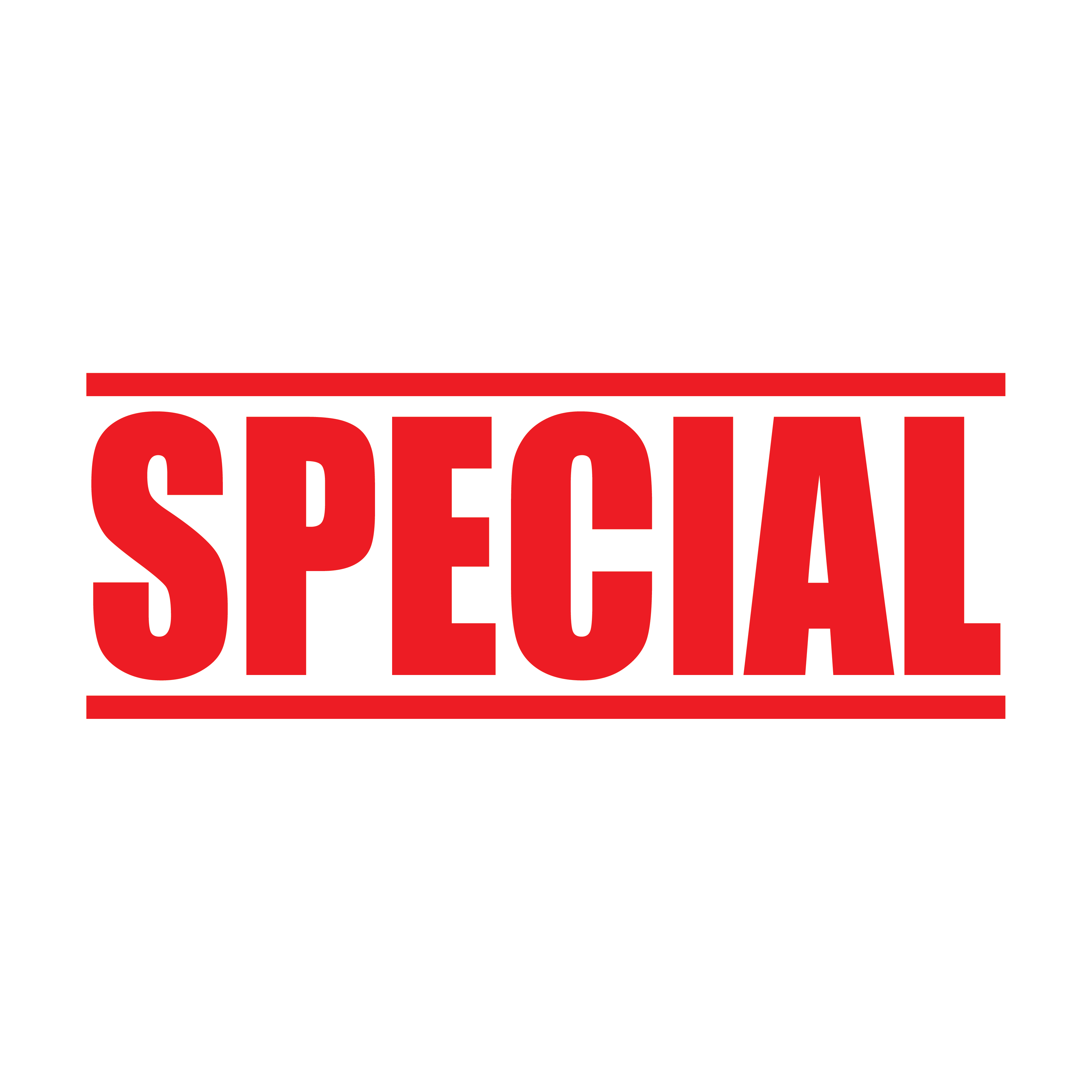 A red rubber stamp with the word 'SPECIAL' printed in bold capital letters, designed for marking promotional materials.