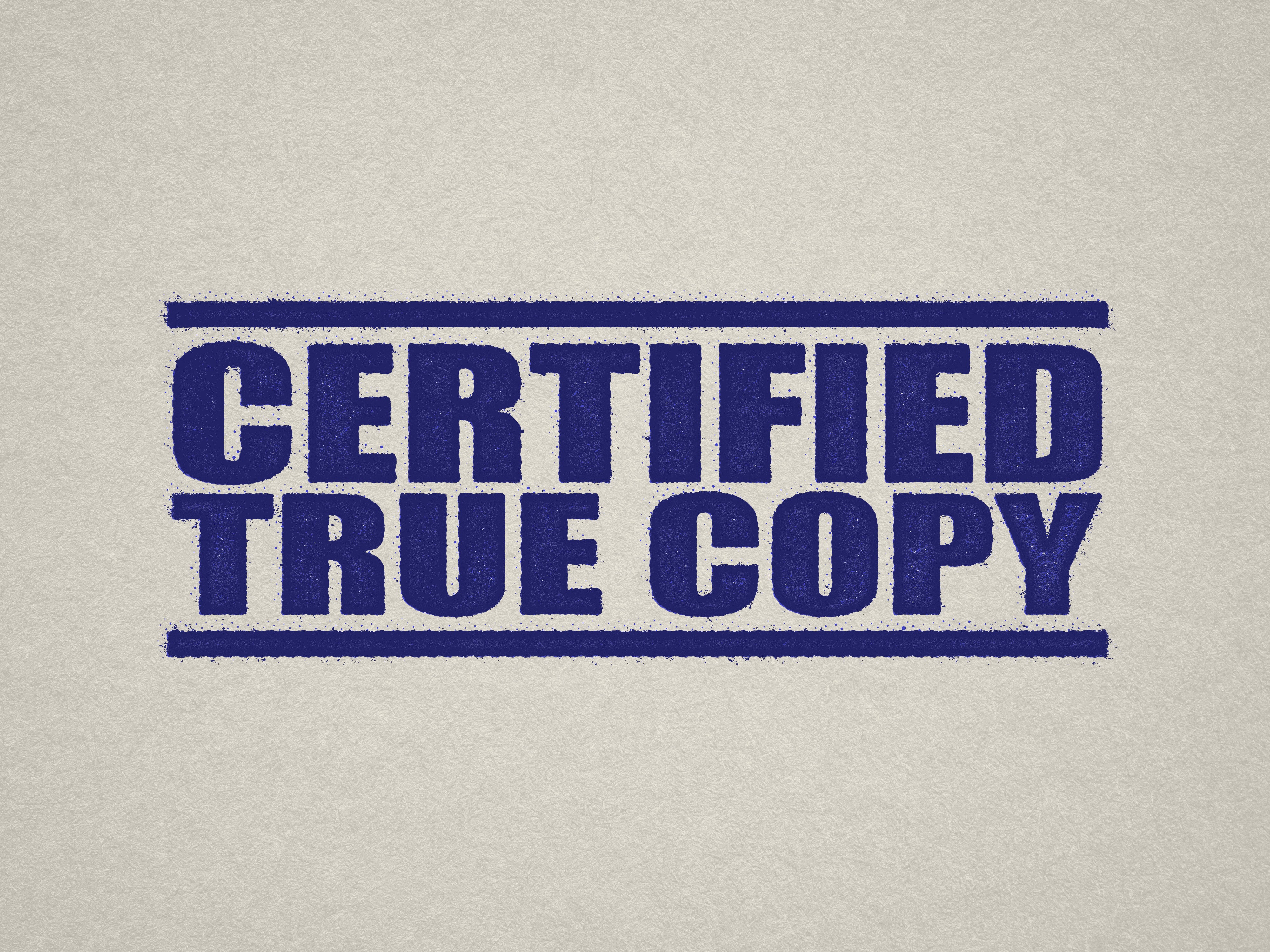 mock up design of 'Certified True Copy' rubber stamp blue ink in paper background stampers hand stamp office business inventory documents self inking prefill refillable stamps stamping