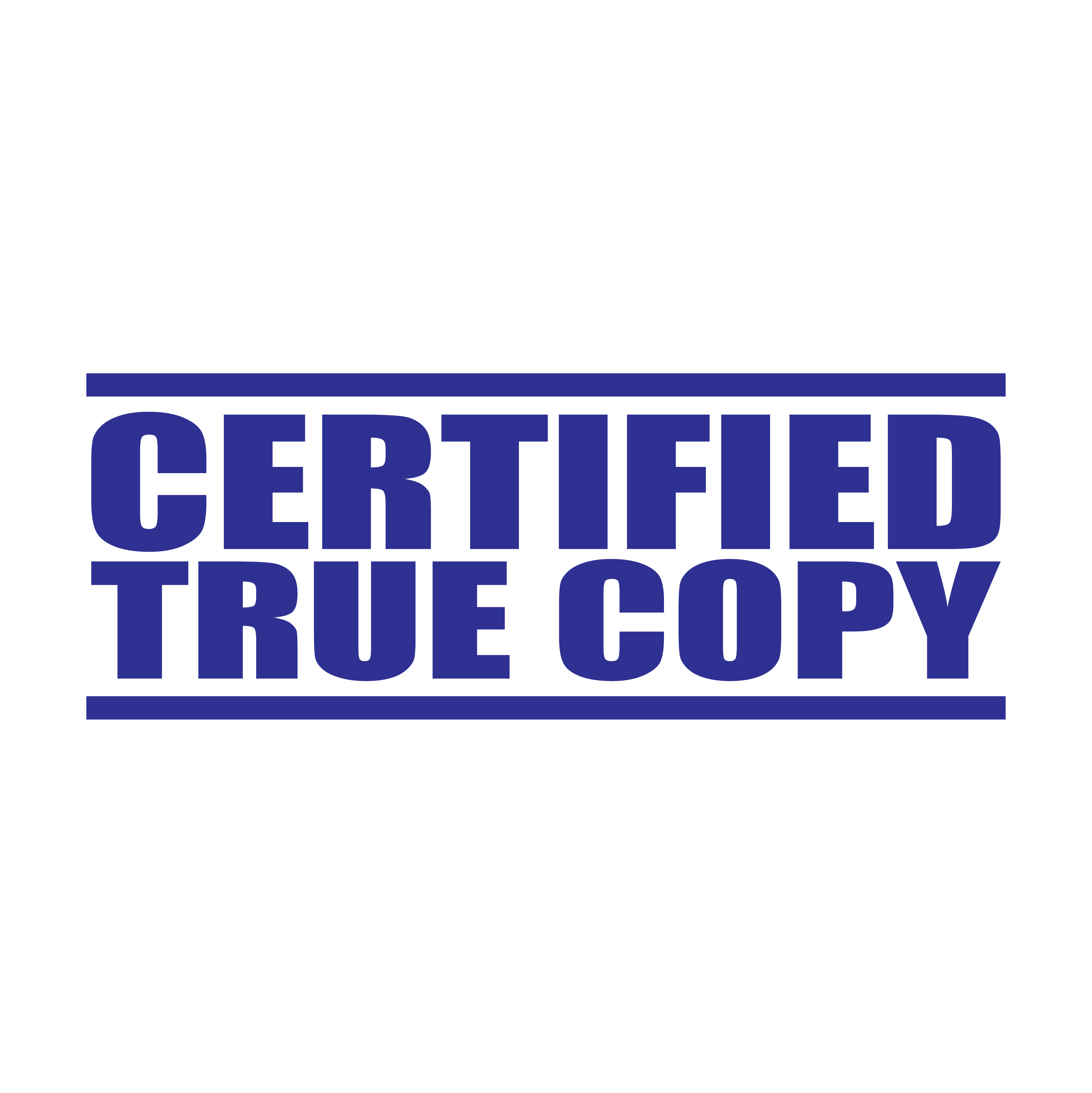 A blue self inking rubber stamp with the word 'Certified True Copy' printed in bold capital letters in blue ink. stampers hand stamp office business inventory documents self inking prefill refillable stamps stamping