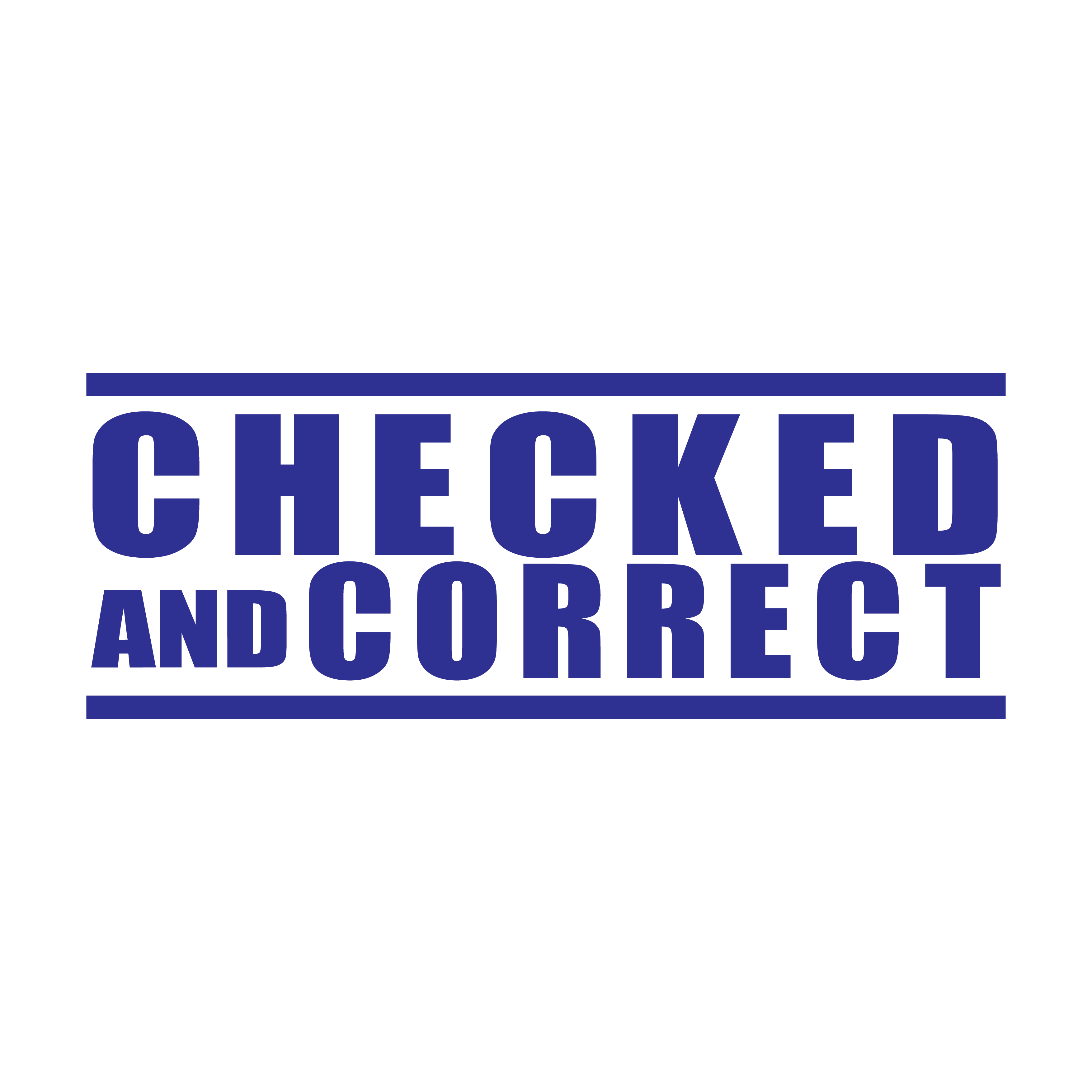 A blue rubber stamp with the text 'CHECKED AND CORRECT' printed in capital letters.