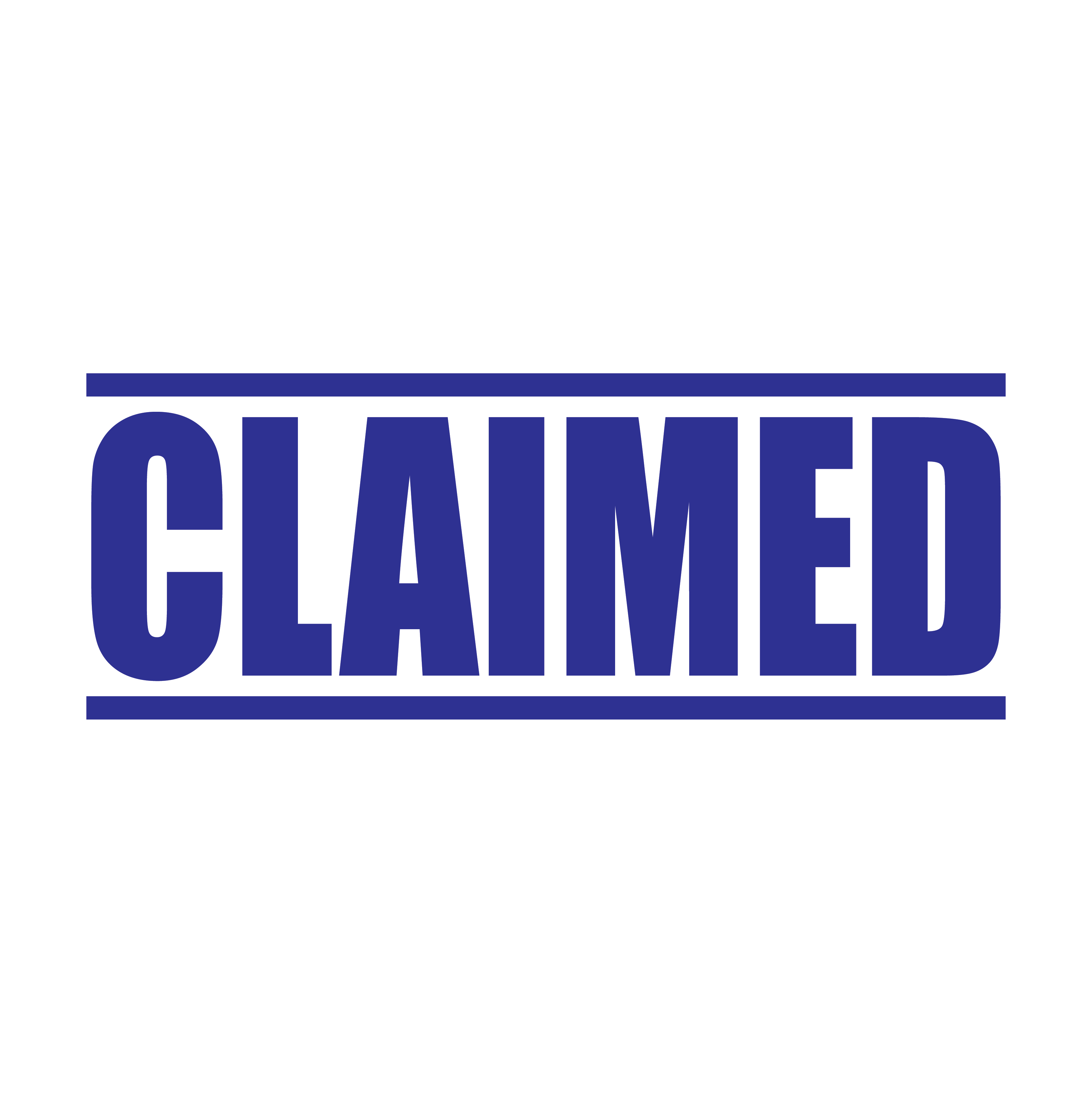 A blue self inking rubber stamp with the word 'Claimed' printed in bold capital letters in blue ink. stampers hand stamp office business inventory documents self inking prefill refillable stamps stamping