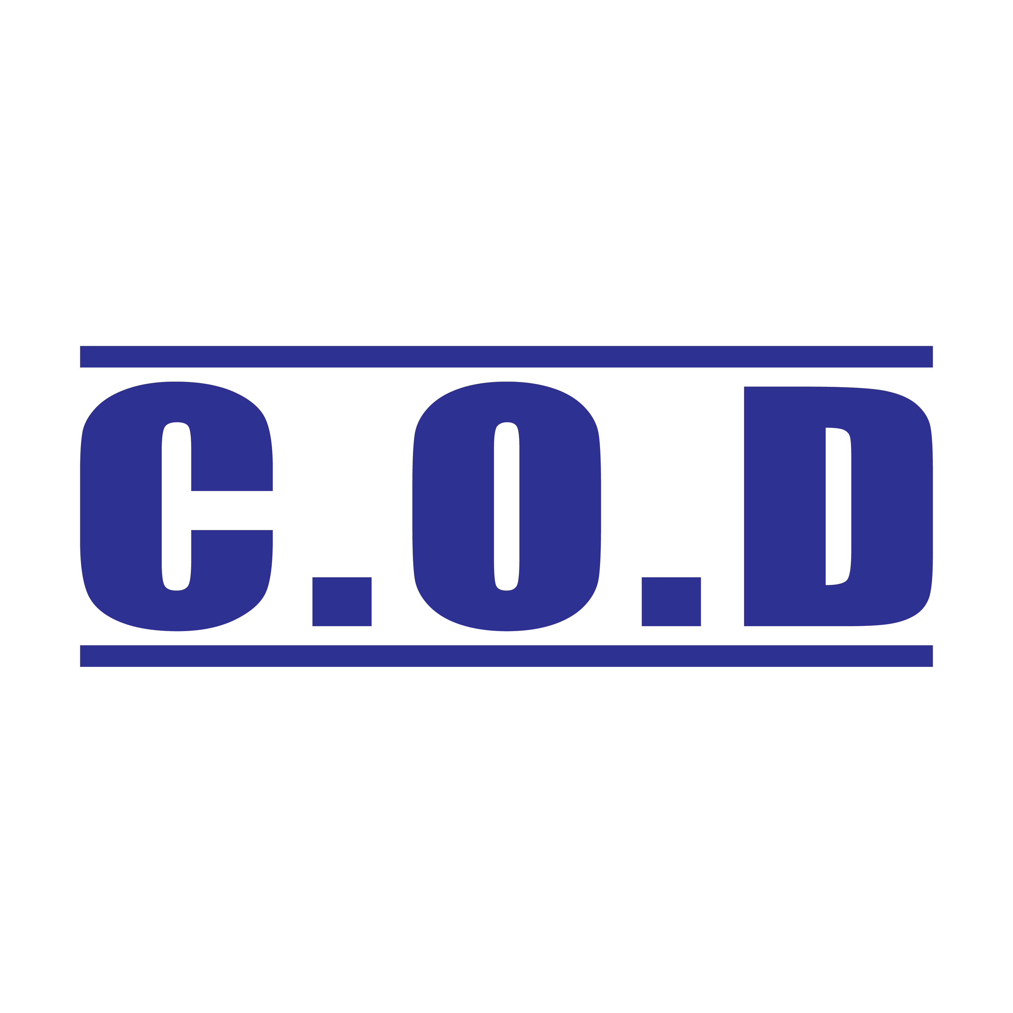A blue self inking rubber stamp with the word 'COD ' printed in bold capital letters in blue ink. stampers hand stamp office business inventory documents