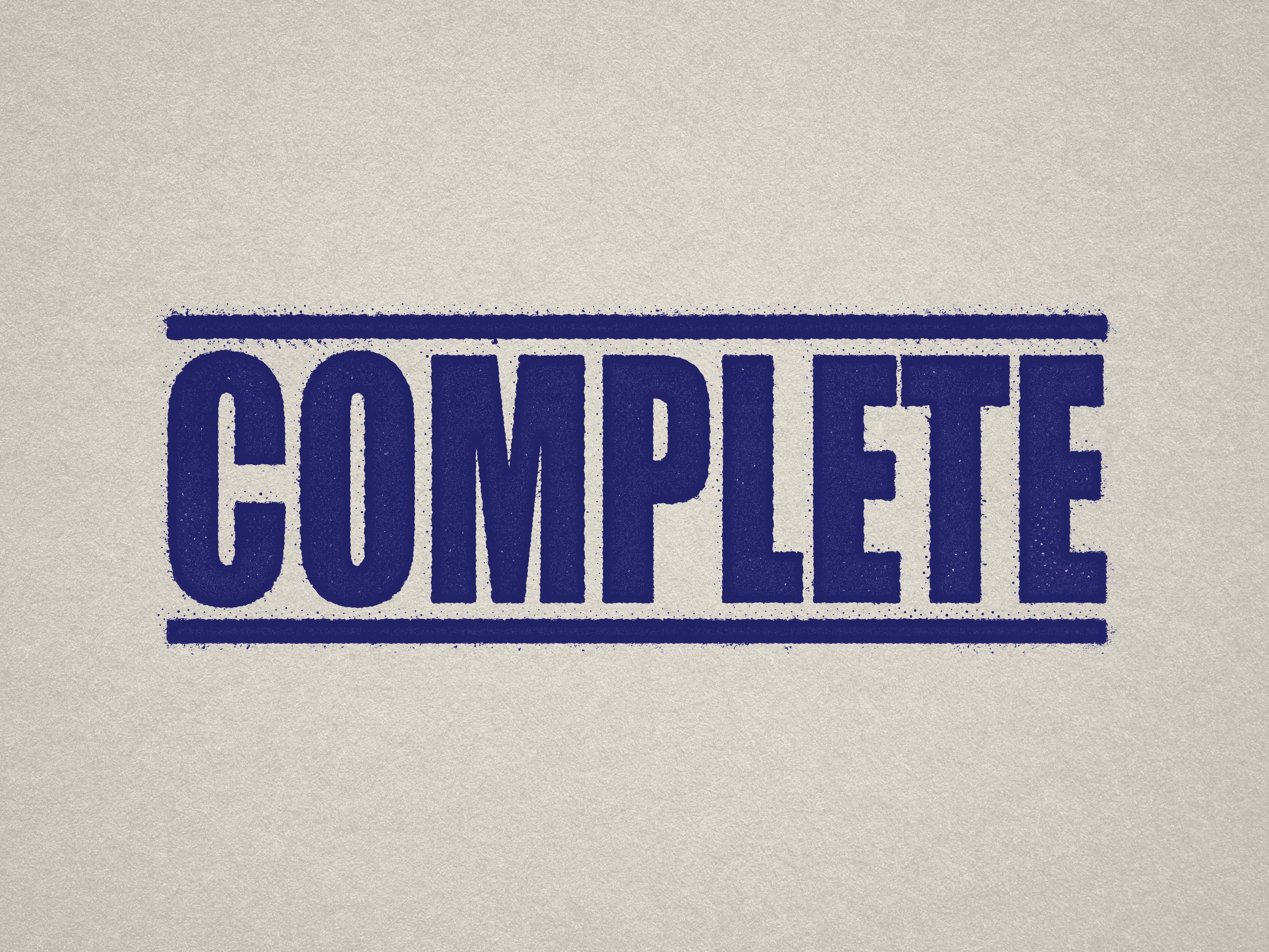 mock up design of 'Complete" rubber stamp blue ink in paper background stampers hand stamp office business inventory documents