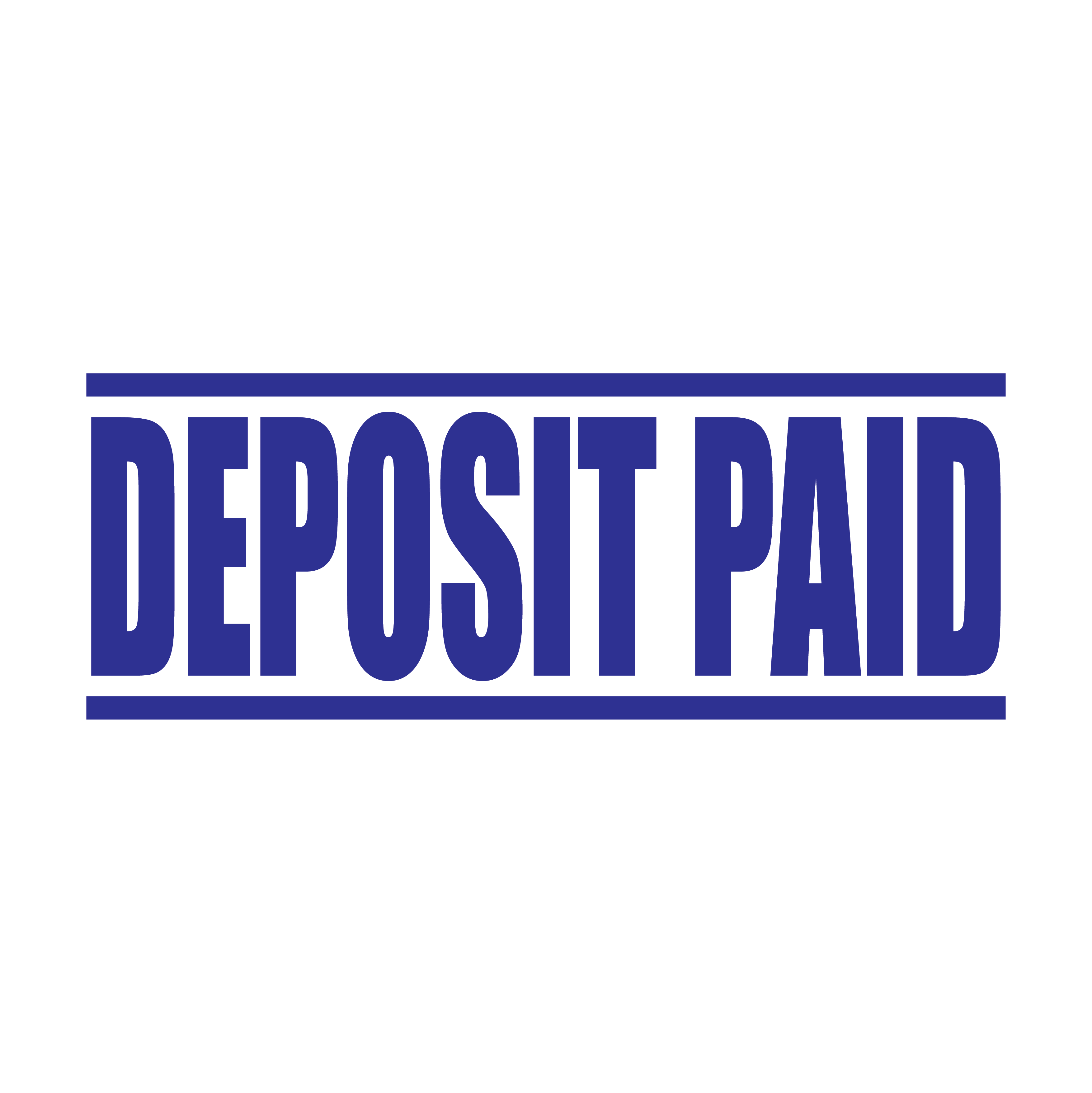 A blue self inking rubber stamp with the word 'Deposit Paid' printed in bold capital letters in blue ink. stampers hand stamp office business inventory documents self inking prefill refillable stamps stamping
