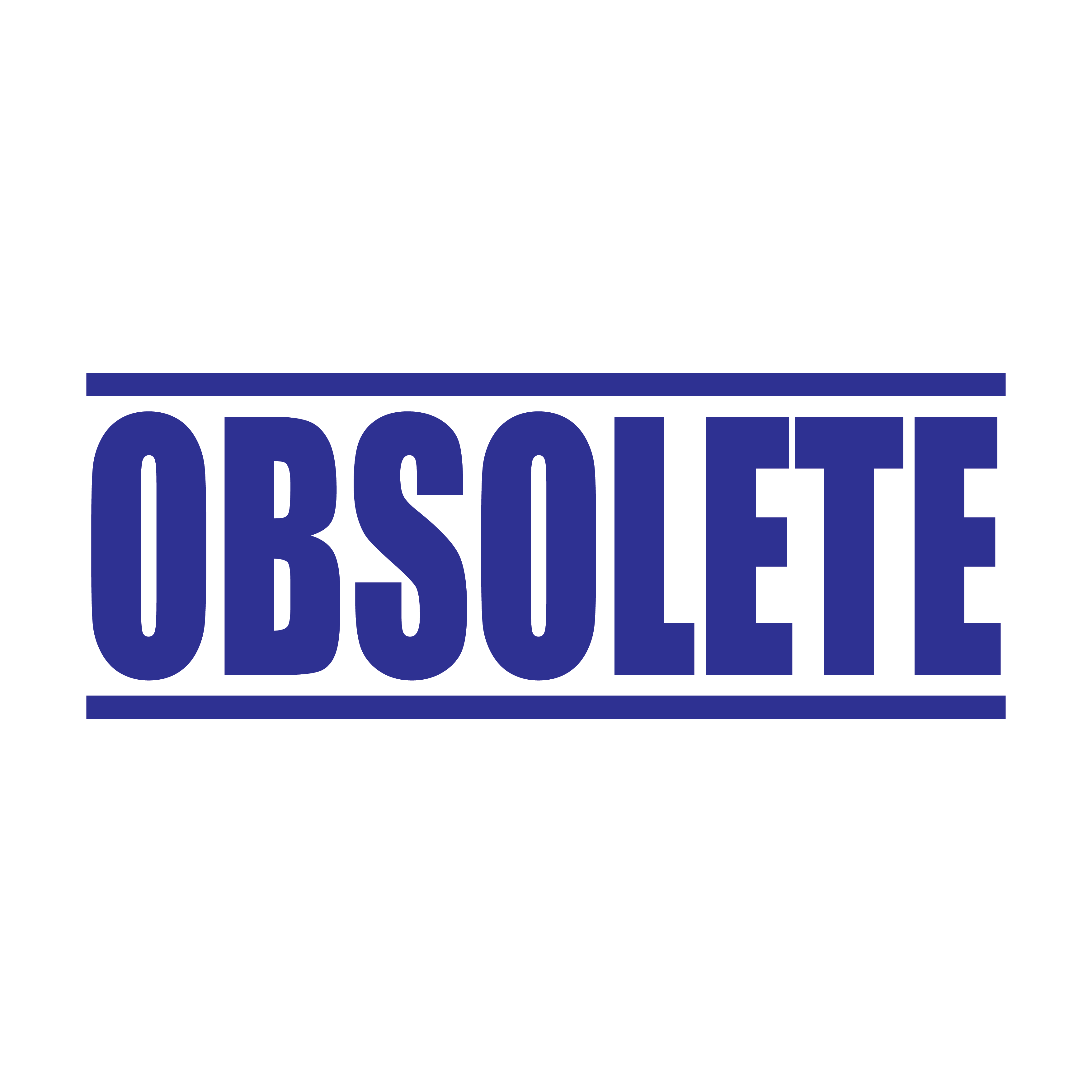 A blue self inking rubber stamp with the word 'Obsolete' printed in bold capital letters in blue ink. stampers hand stamp office business inventory documents