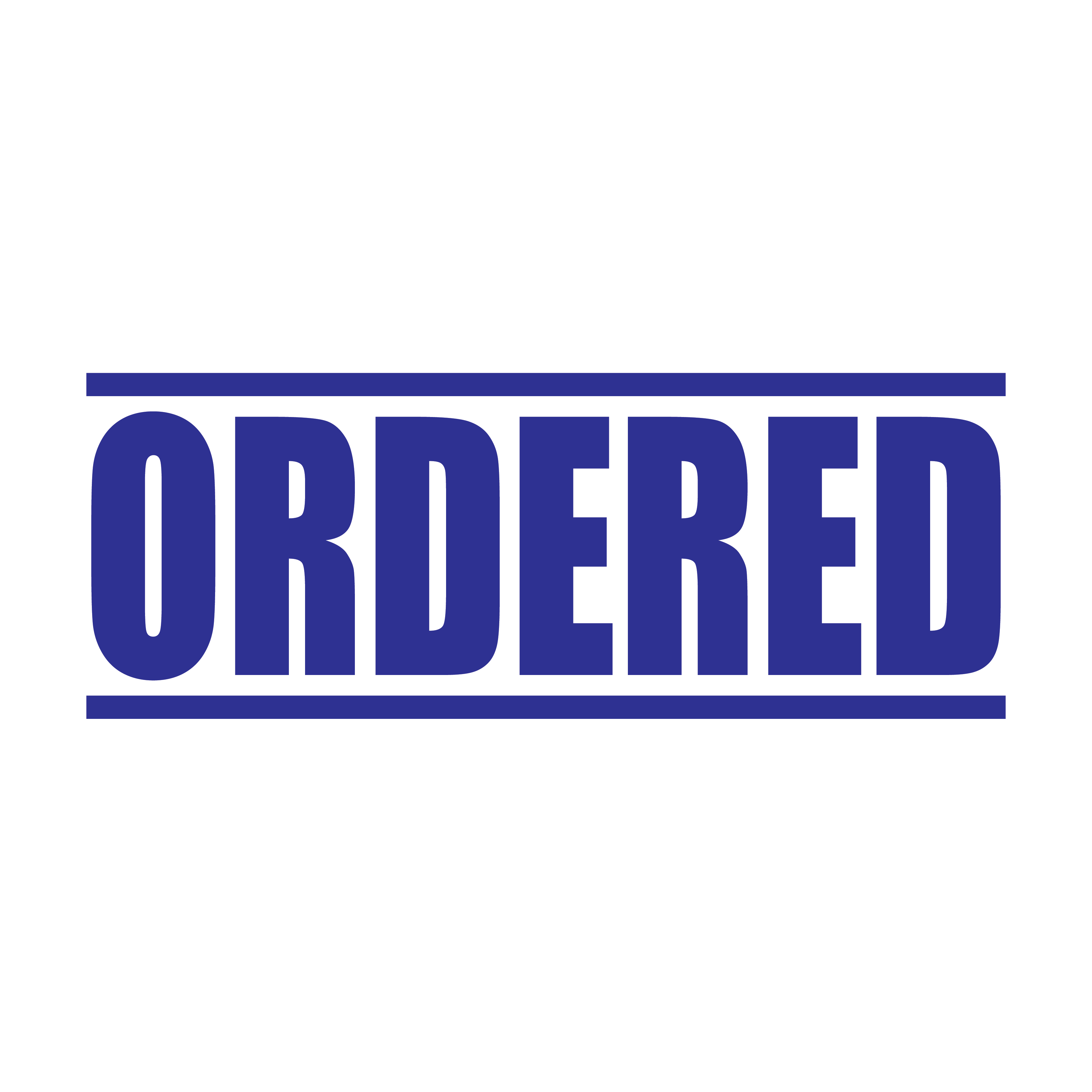 "A blue self inking rubber stamp with the word 'ORDERED' printed in bold capital letters in blue ink. stampers hand stamp office business inventory documents blue ink
"