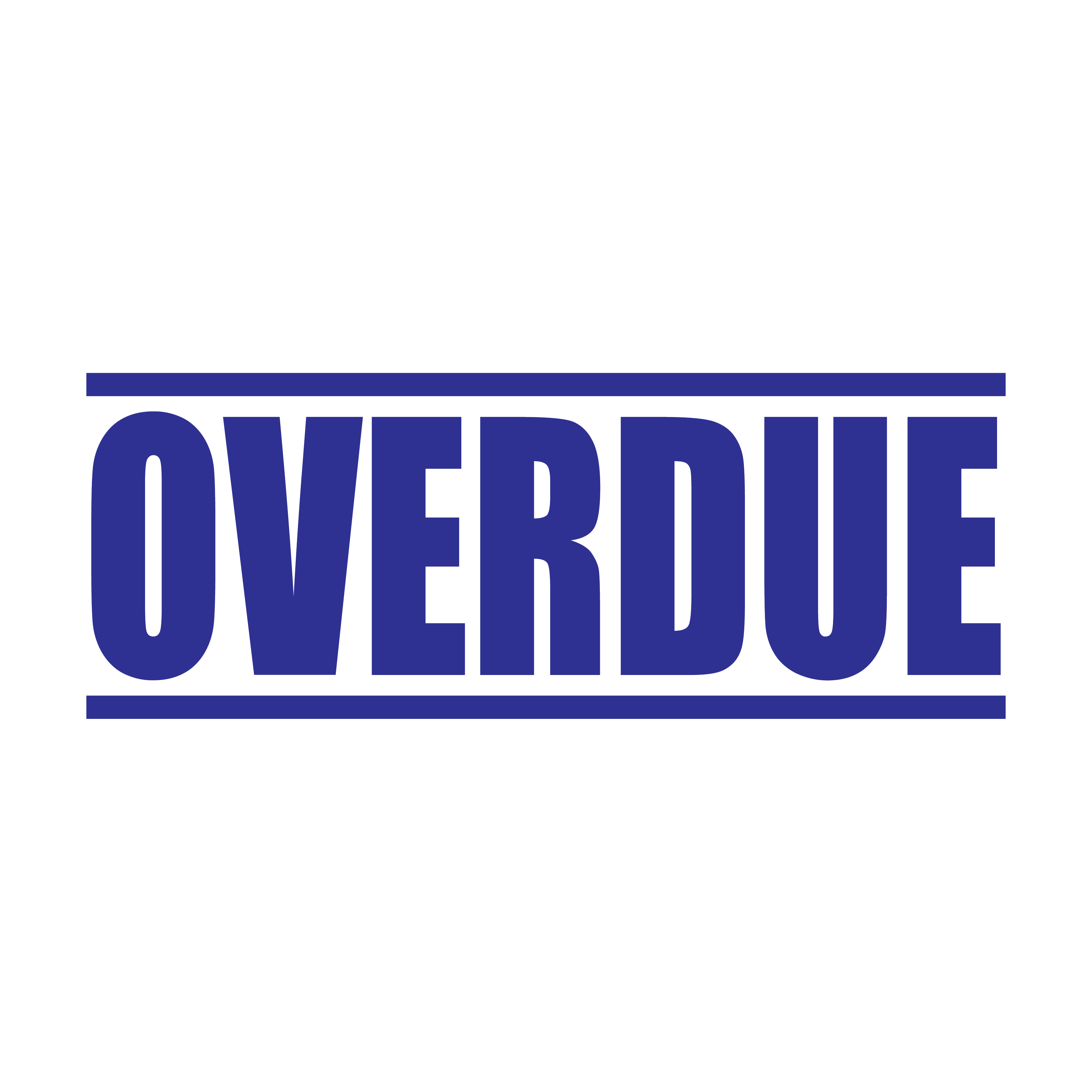 A blue self inking rubber stamp with the word 'Overdue ' printed in bold capital letters in blue ink. stampers hand stamp office business inventory documents