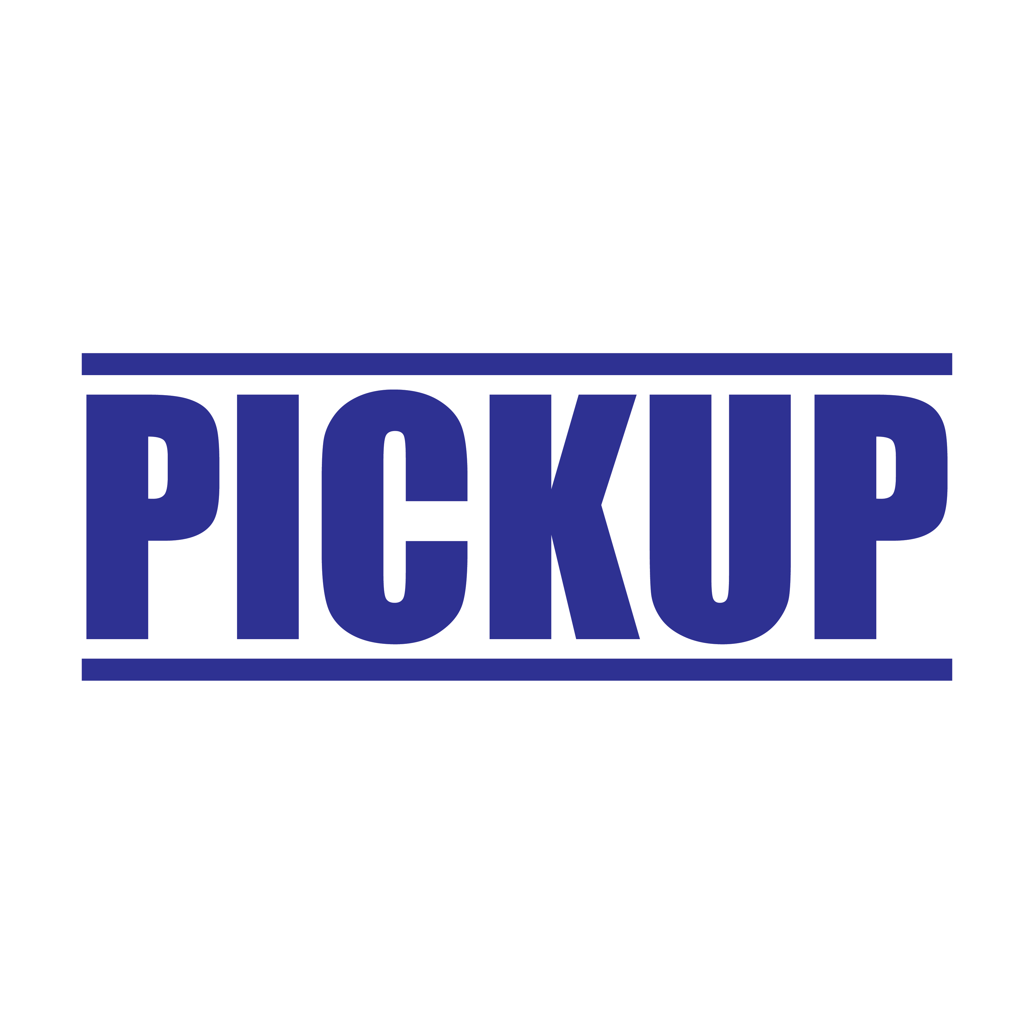 A blue self inking rubber stamp with the word 'Pickup' printed in bold capital letters in blue ink. stampers hand stamp office business inventory documents pick up