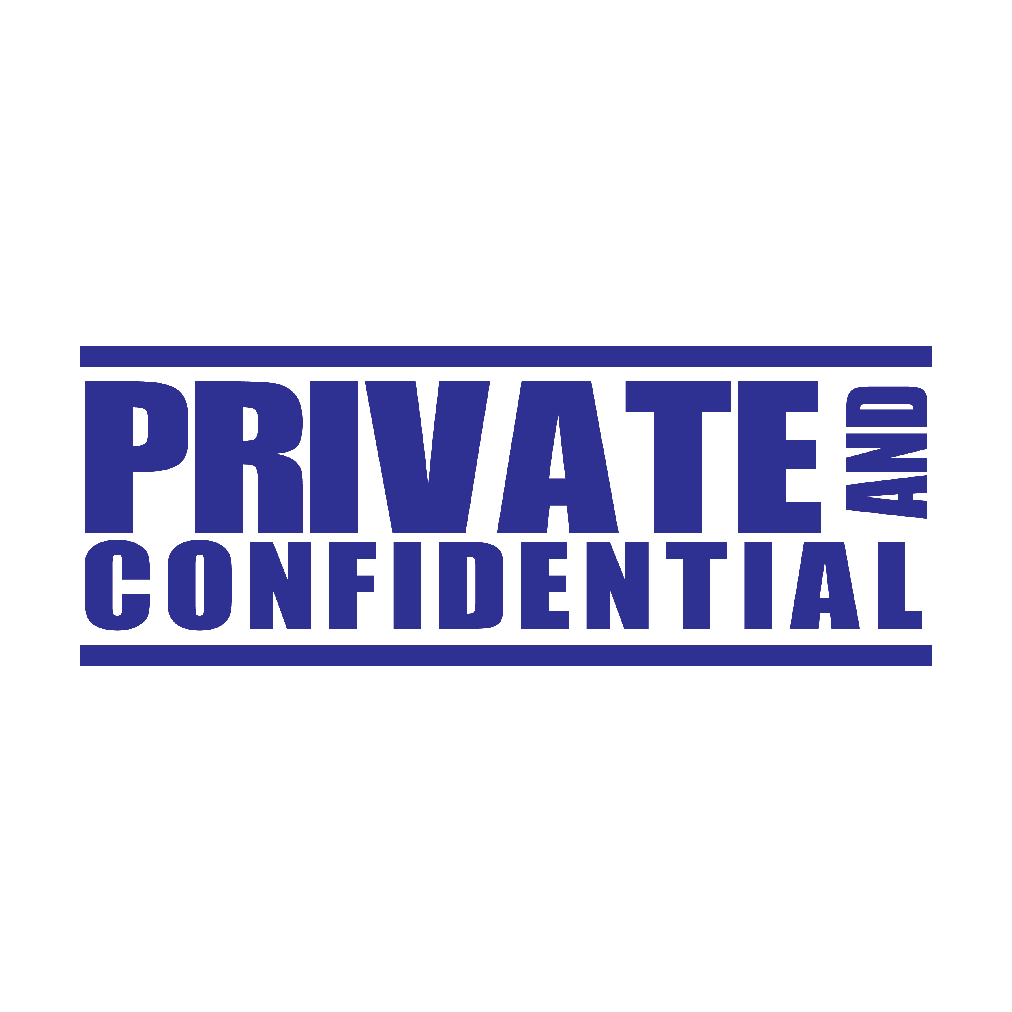 A blue self inking rubber stamp with the word 'Private and Confidential' printed in bold capital letters in blue ink. stampers hand stamp office business inventory documents