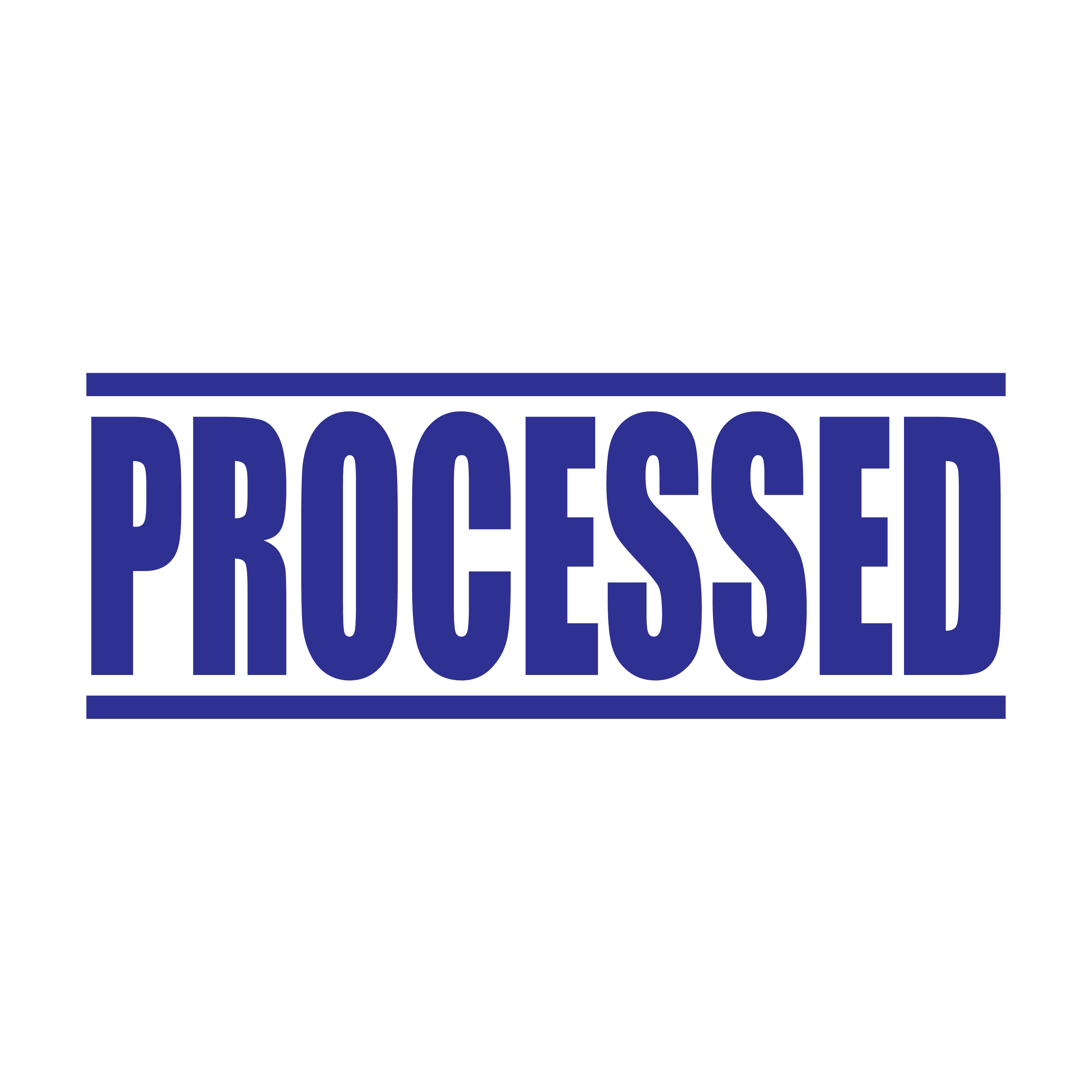 A blue self inking rubber stamp with the word 'Processed ' printed in bold capital letters in blue ink. stampers hand stamp office business inventory documents self inking prefill refillable stamps stamping