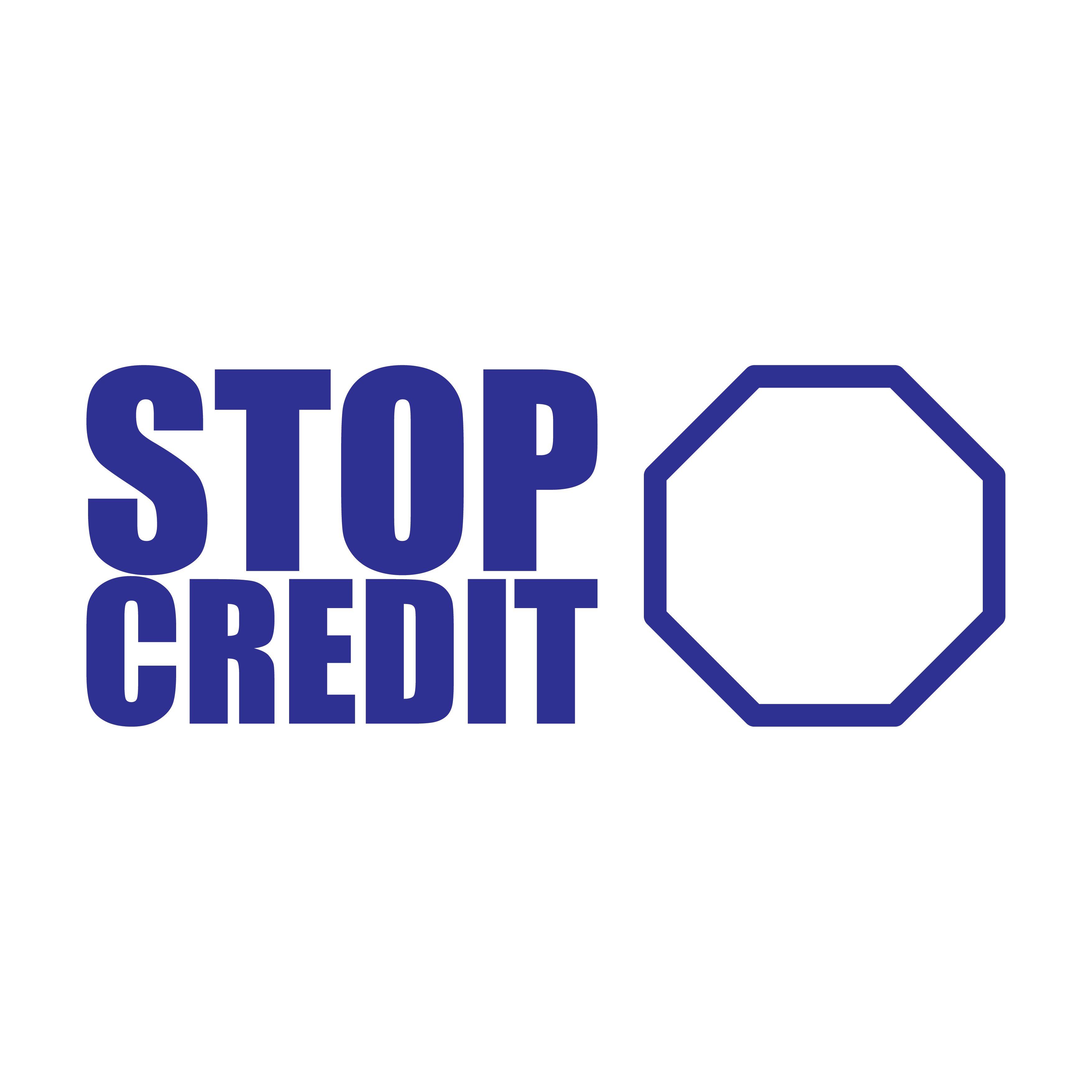 Blue stamp with the text 'STOP CREDIT' in bold capital letters next to an octagonal stop sign symbol.