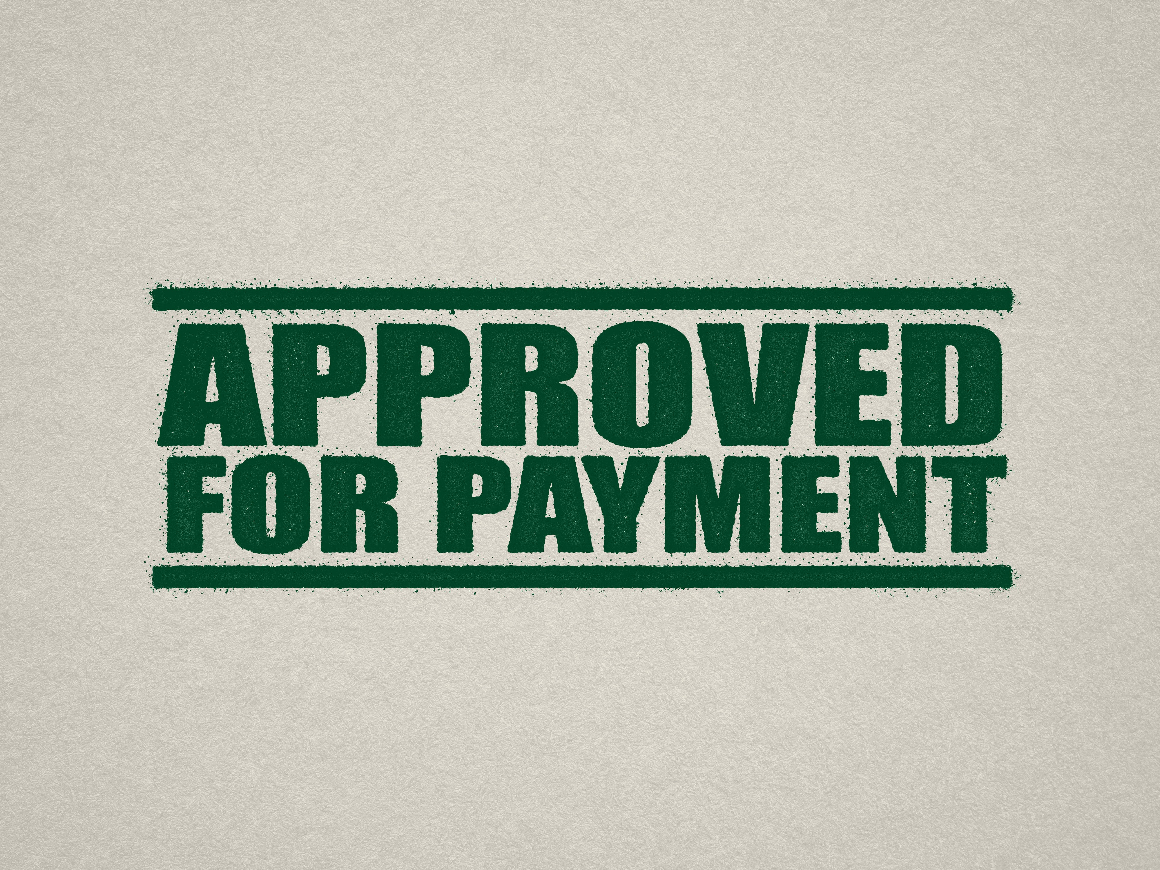 mock up design of 'Approved For Payment" rubber stamp green ink in paper background stampers hand stamp office business inventory documents