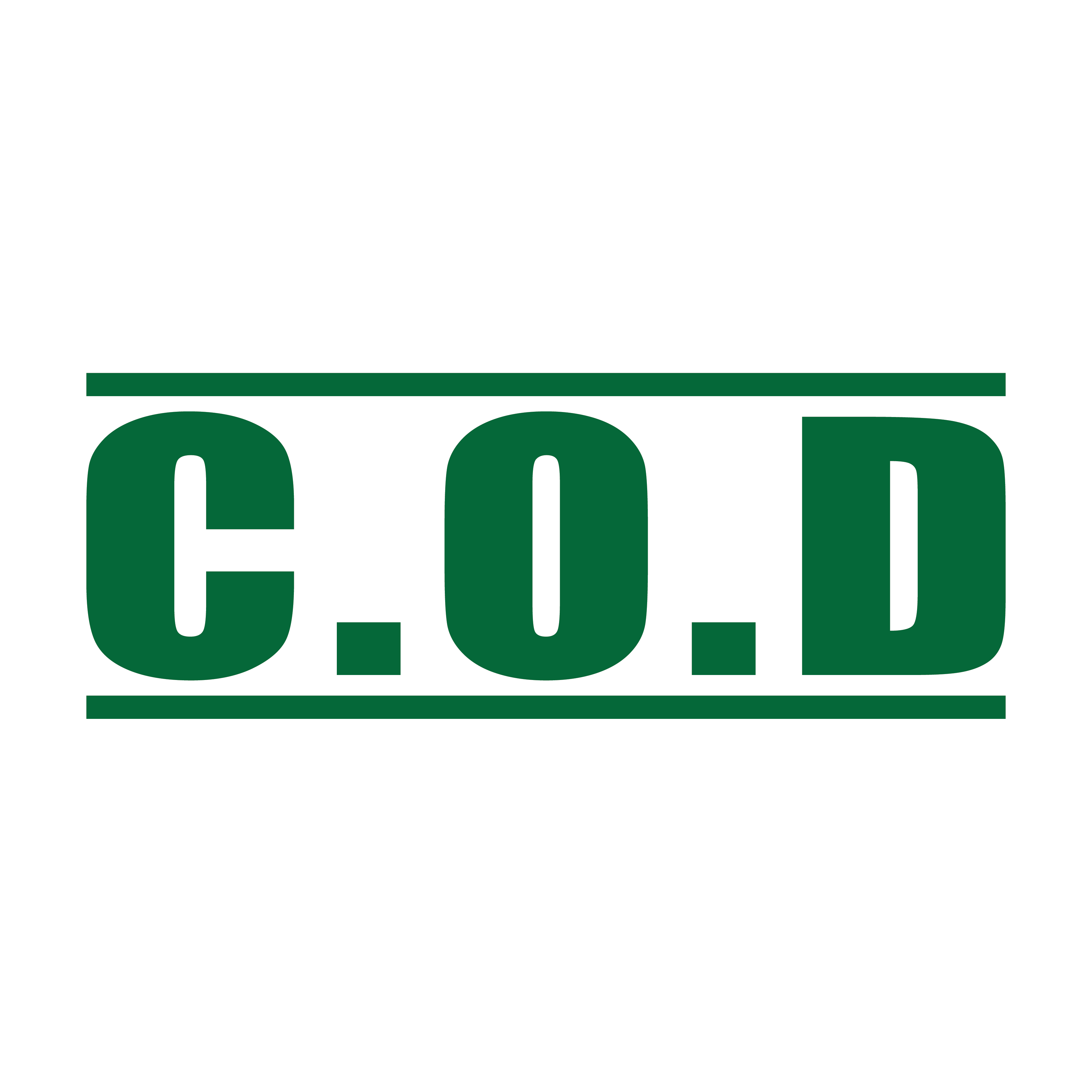 A green self inking rubber stamp with the word 'COD ' printed in bold capital letters in green ink. stampers hand stamp office business inventory documents