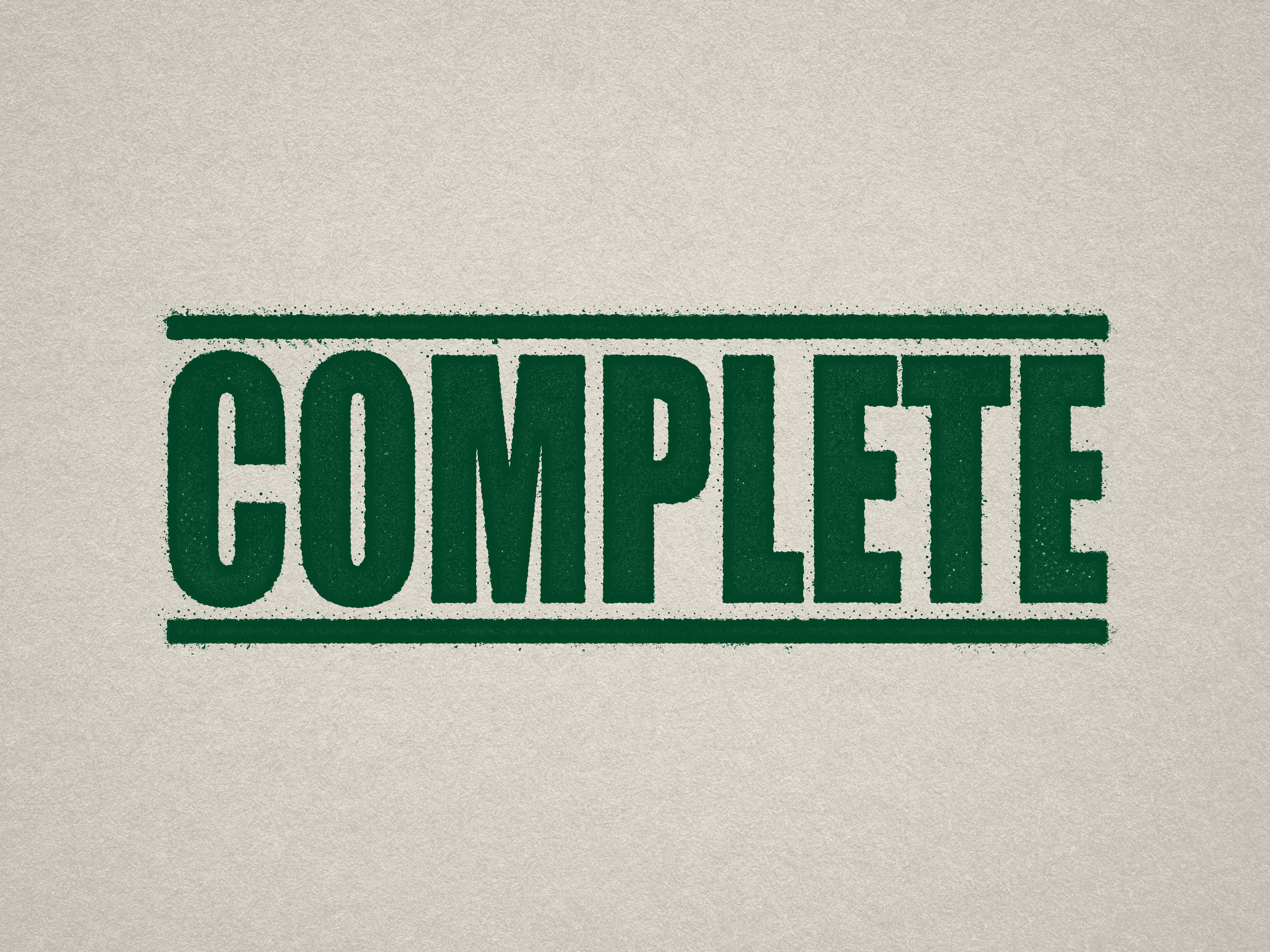 mock up design of 'Complete" rubber stamp green ink in paper background stampers hand stamp office business inventory documents