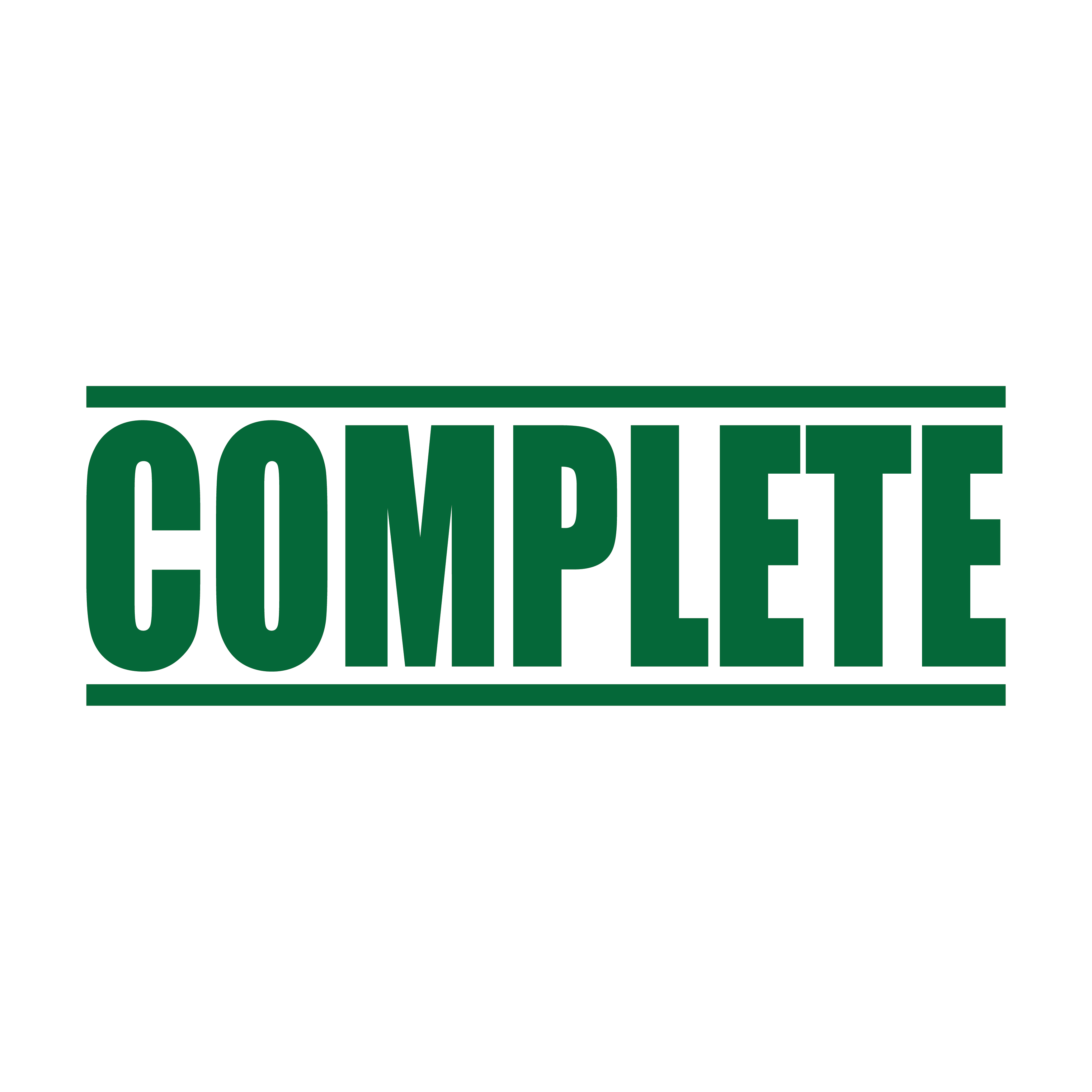 A green self inking rubber stamp with the word 'Complete' printed in bold capital letters in green ink. stampers hand stamp office business inventory documents