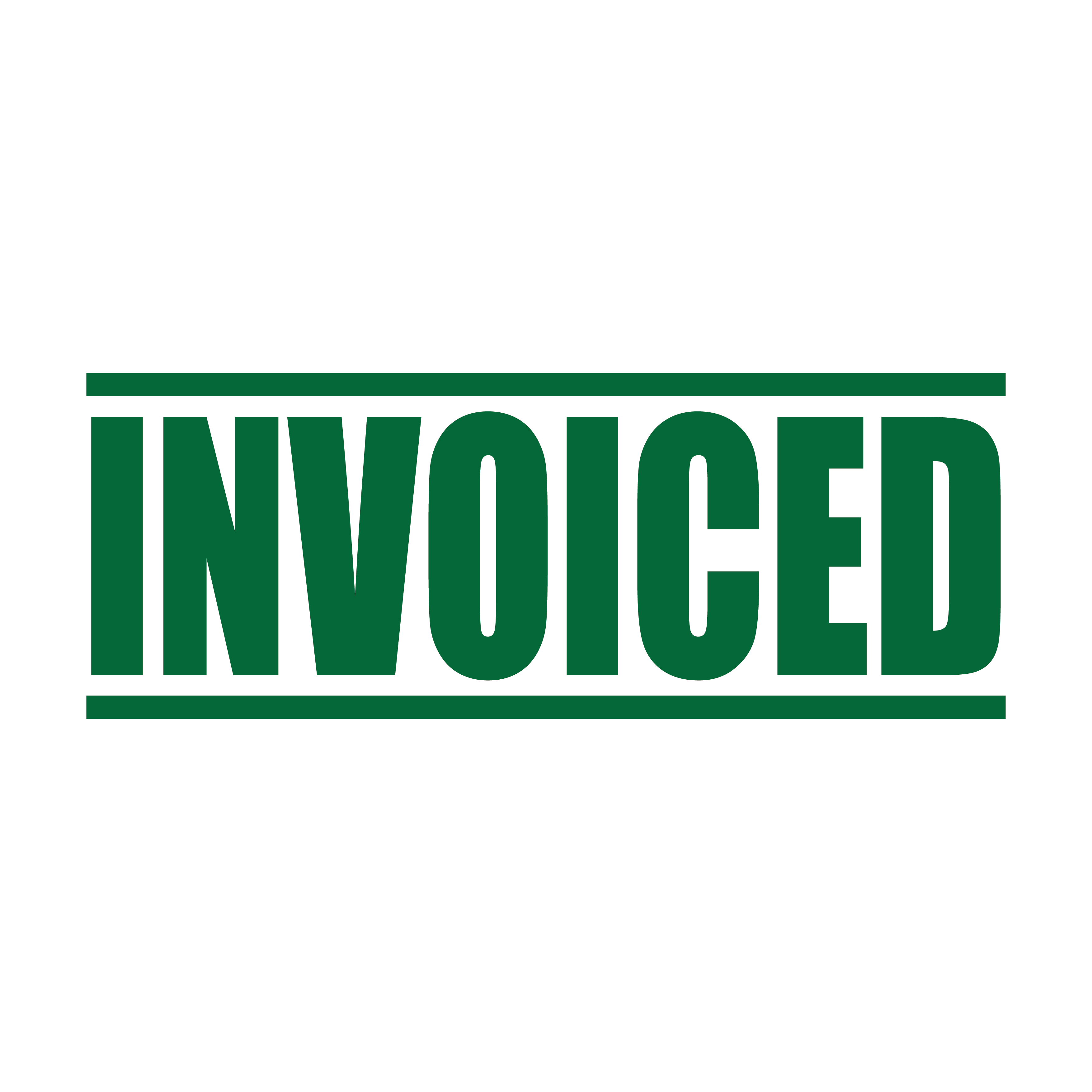 A green self inking rubber stamp with the word 'INVOICED' printed in bold capital letters in green ink. stampers hand stamp office business inventory documents