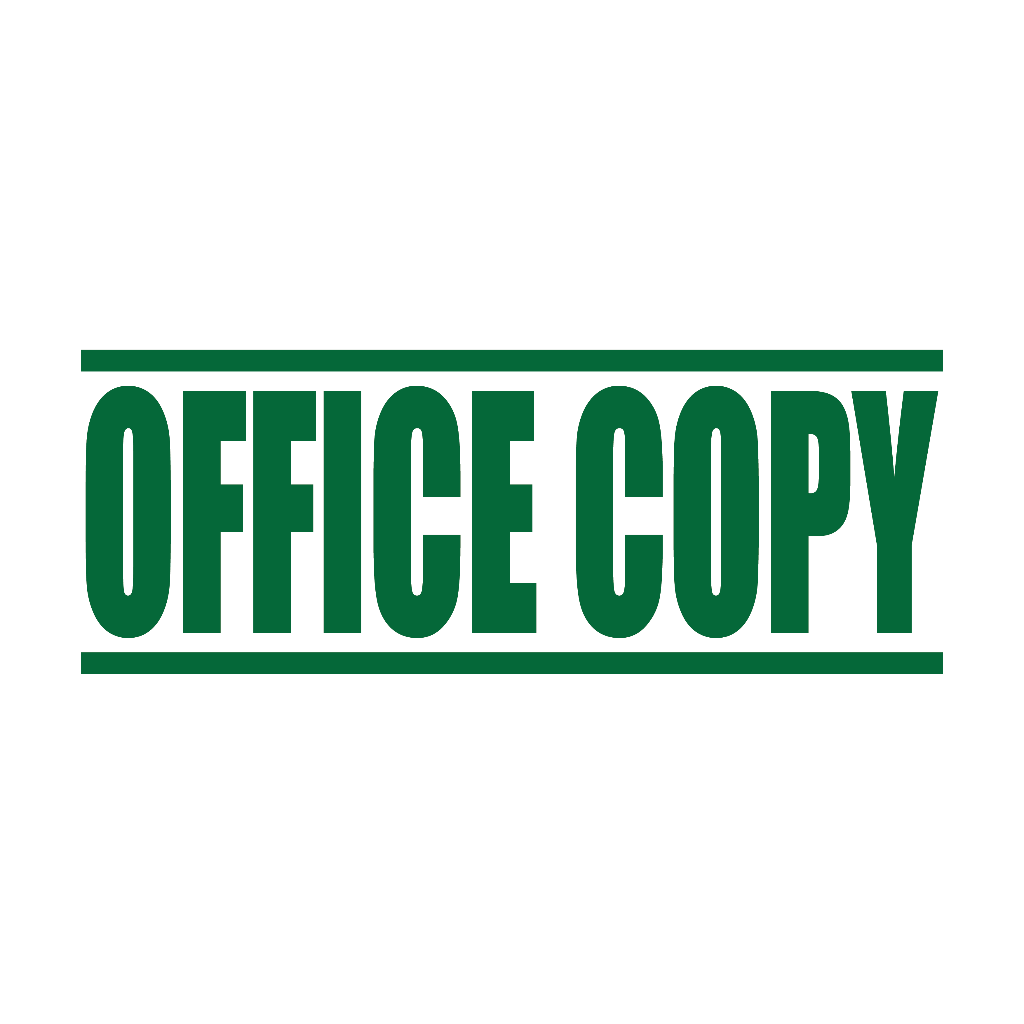 A green self inking rubber stamp with the word 'Office Copy' printed in bold capital letters in green ink. stampers hand stamp office business inventory documents self inking prefill refillable stamps stamping
