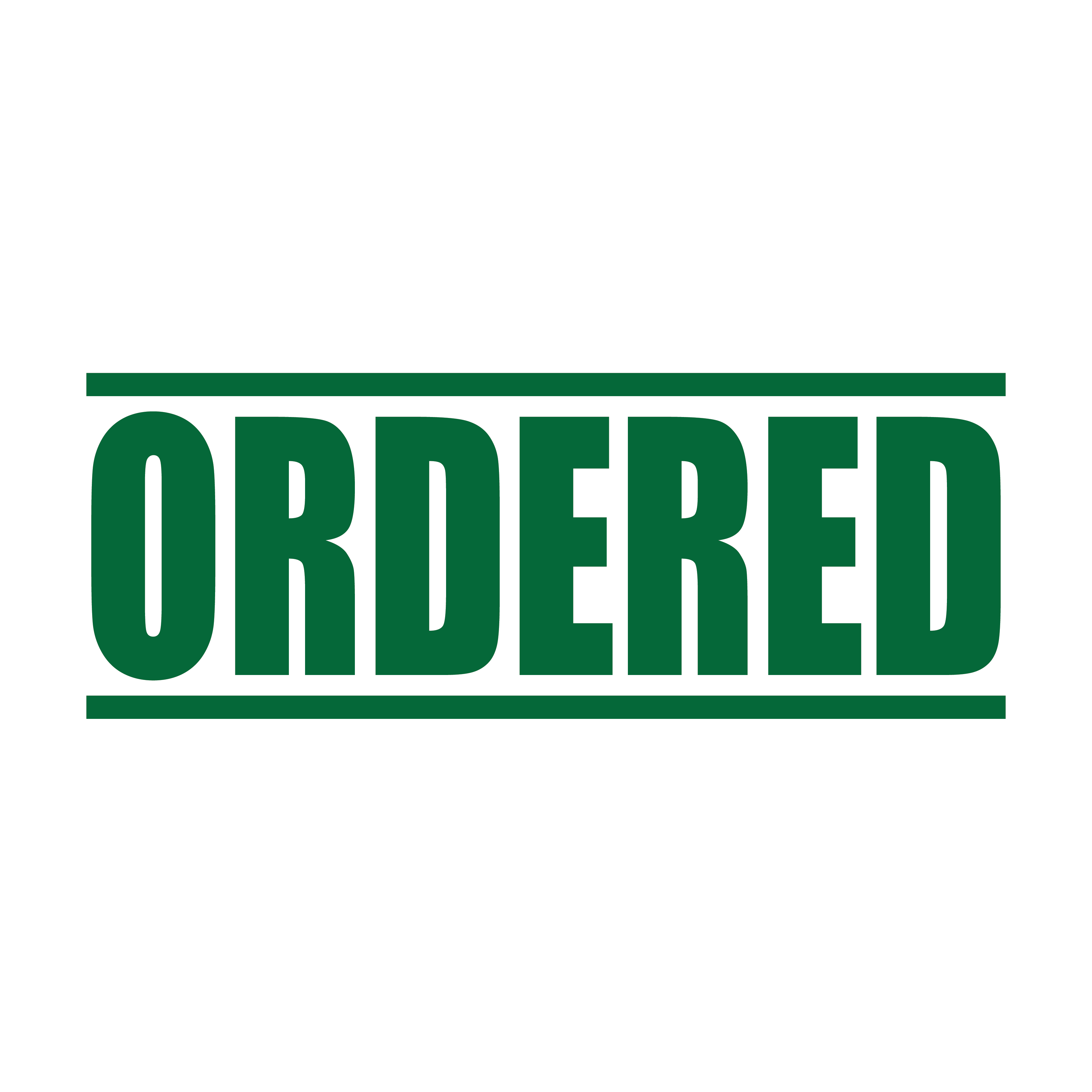 "A green self inking rubber stamp with the word 'ORDERED' printed in bold capital letters in green ink. stampers hand stamp office business inventory documents green
ink"