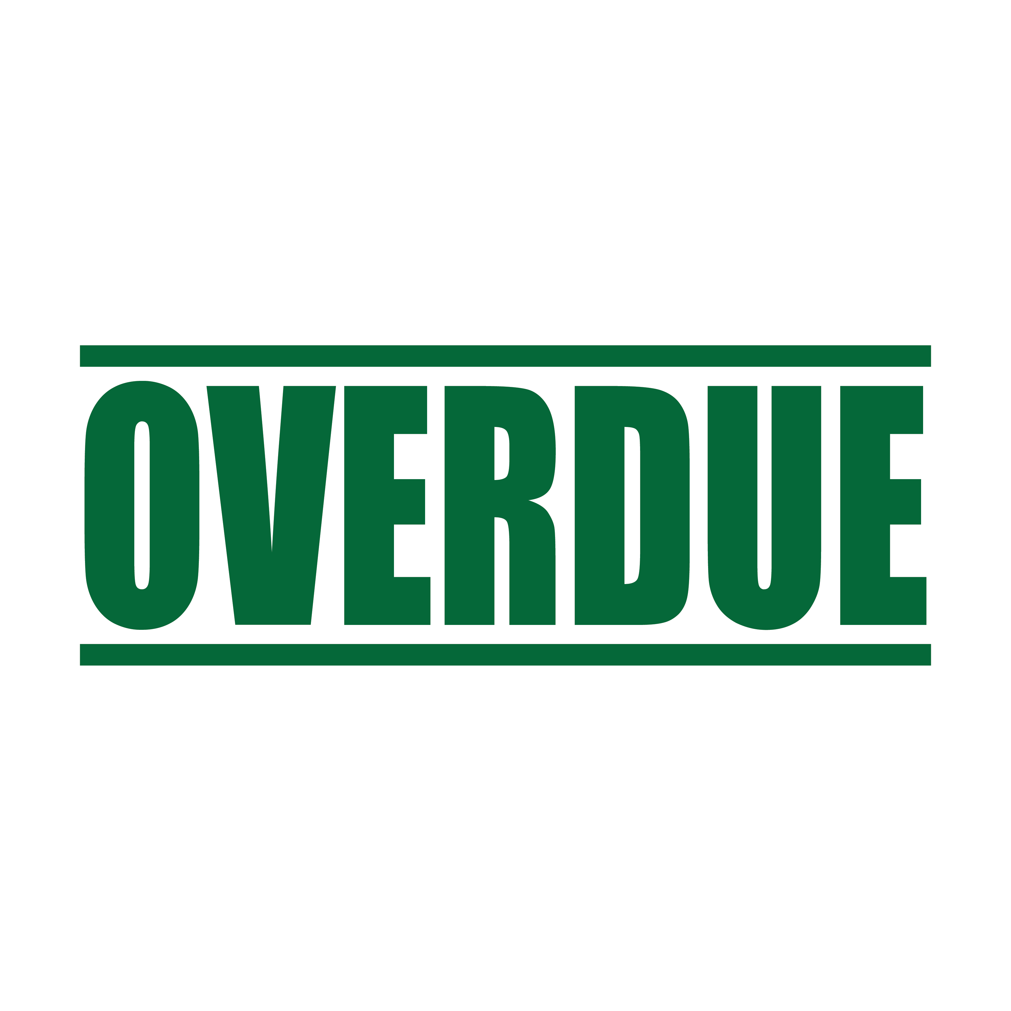 A green self inking rubber stamp with the word 'Overdue ' printed in bold capital letters in green ink. stampers hand stamp office business inventory documents