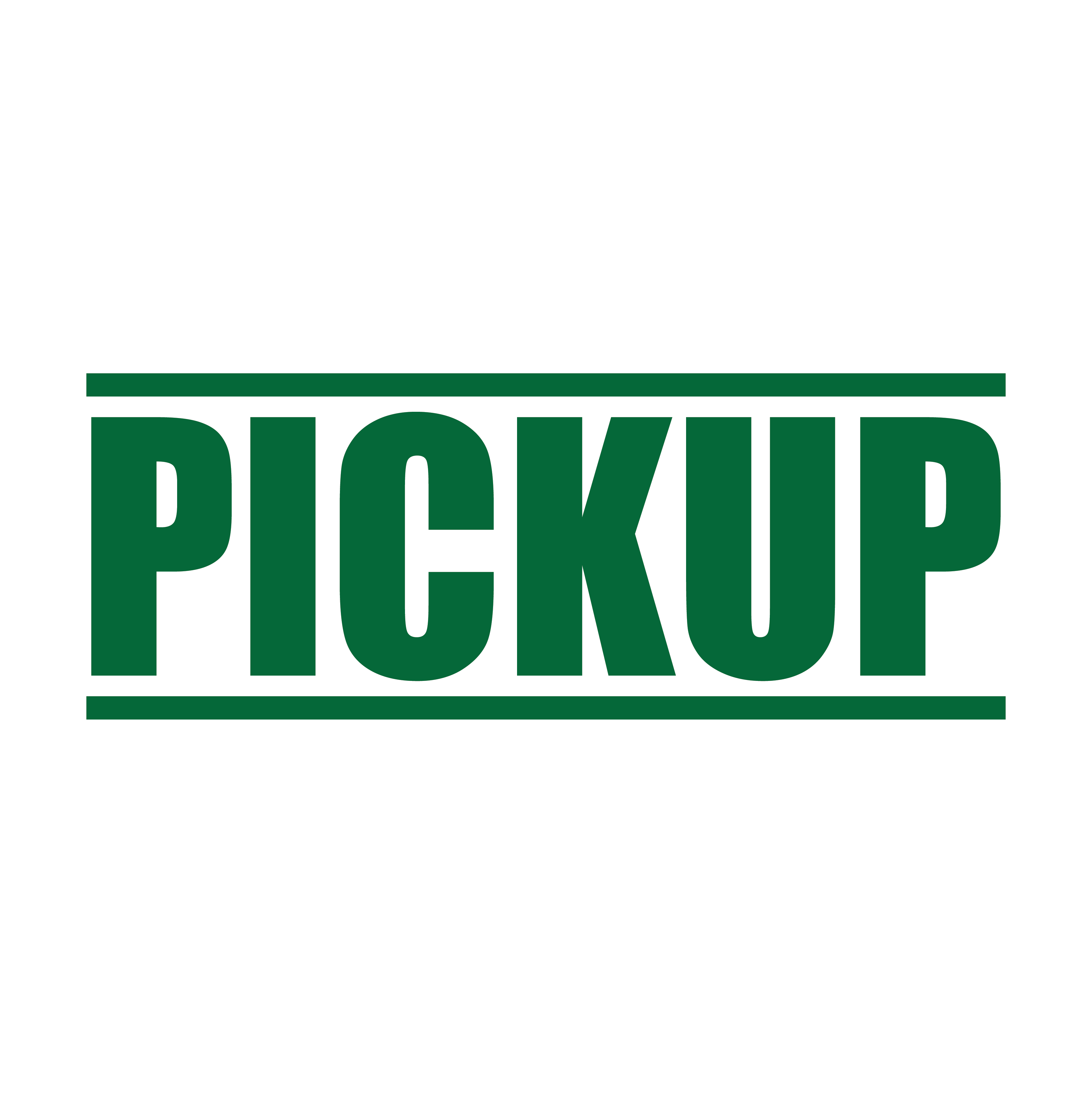 A green self inking rubber stamp with the word 'Pickup' printed in bold capital letters in green ink. stampers hand stamp office business inventory documents pick up
