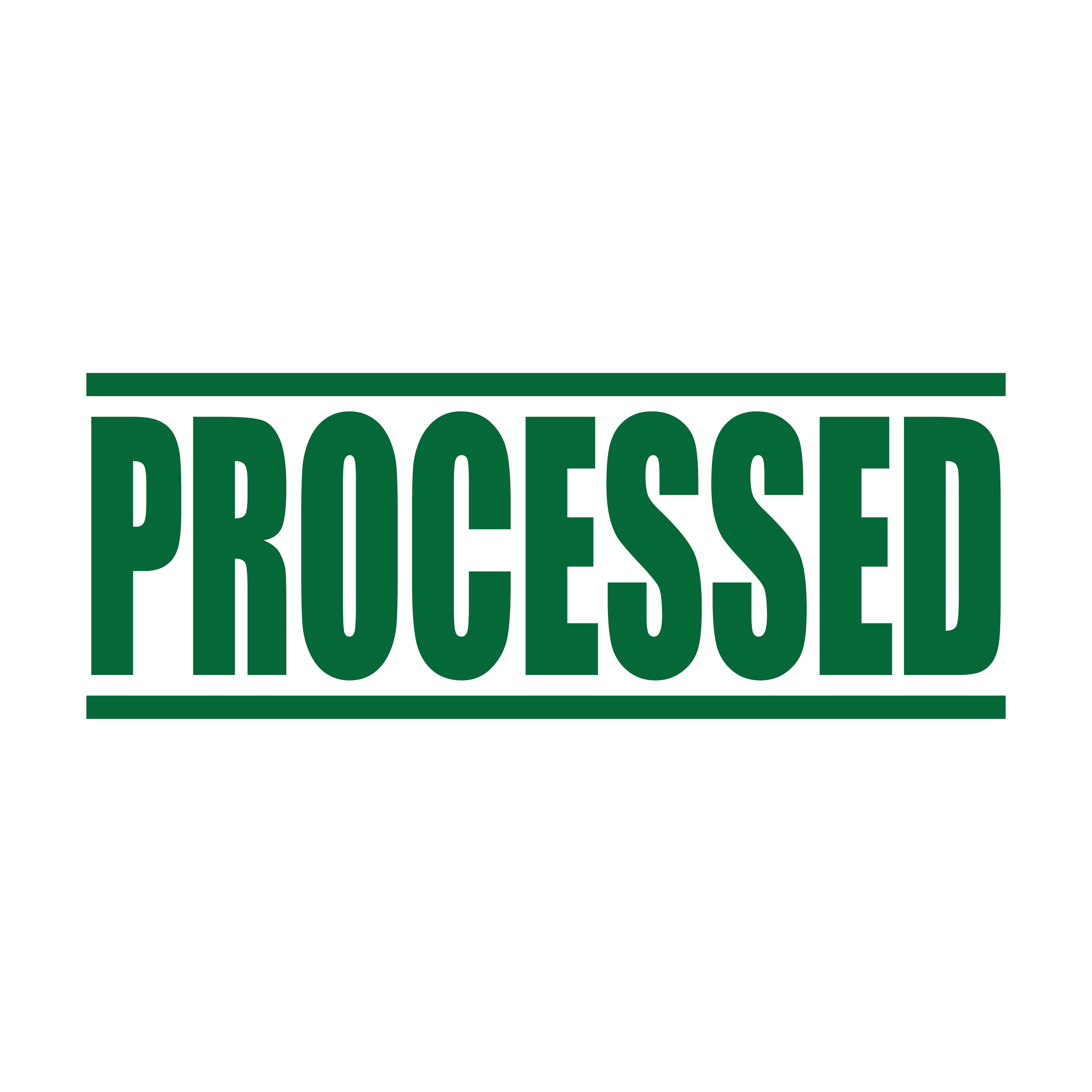 A green self inking rubber stamp with the word 'Processed ' printed in bold capital letters in green ink. stampers hand stamp office business inventory documents self inking prefill refillable stamps stamping