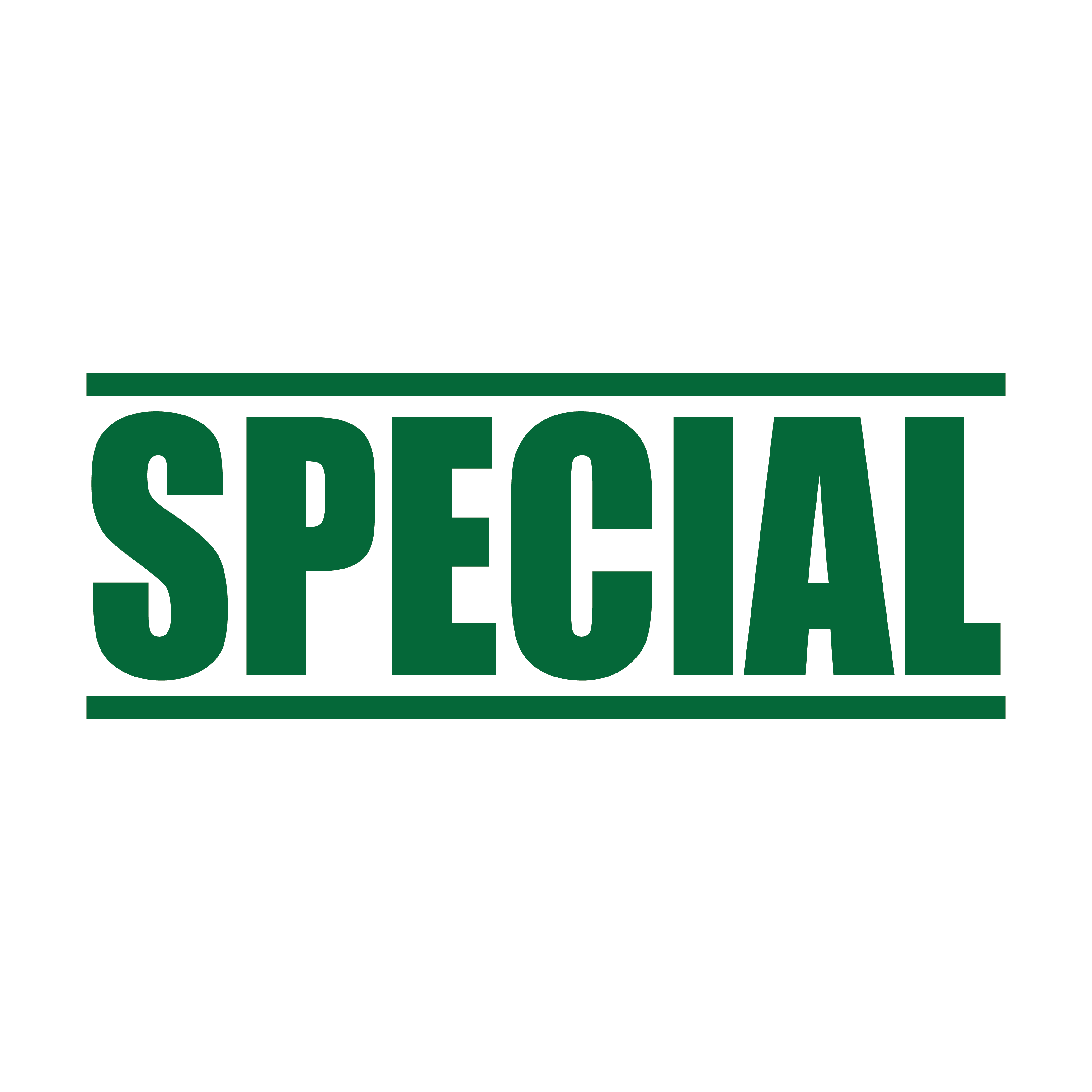 A Green rubber stamp with the word 'SPECIAL' printed in bold capital letters.