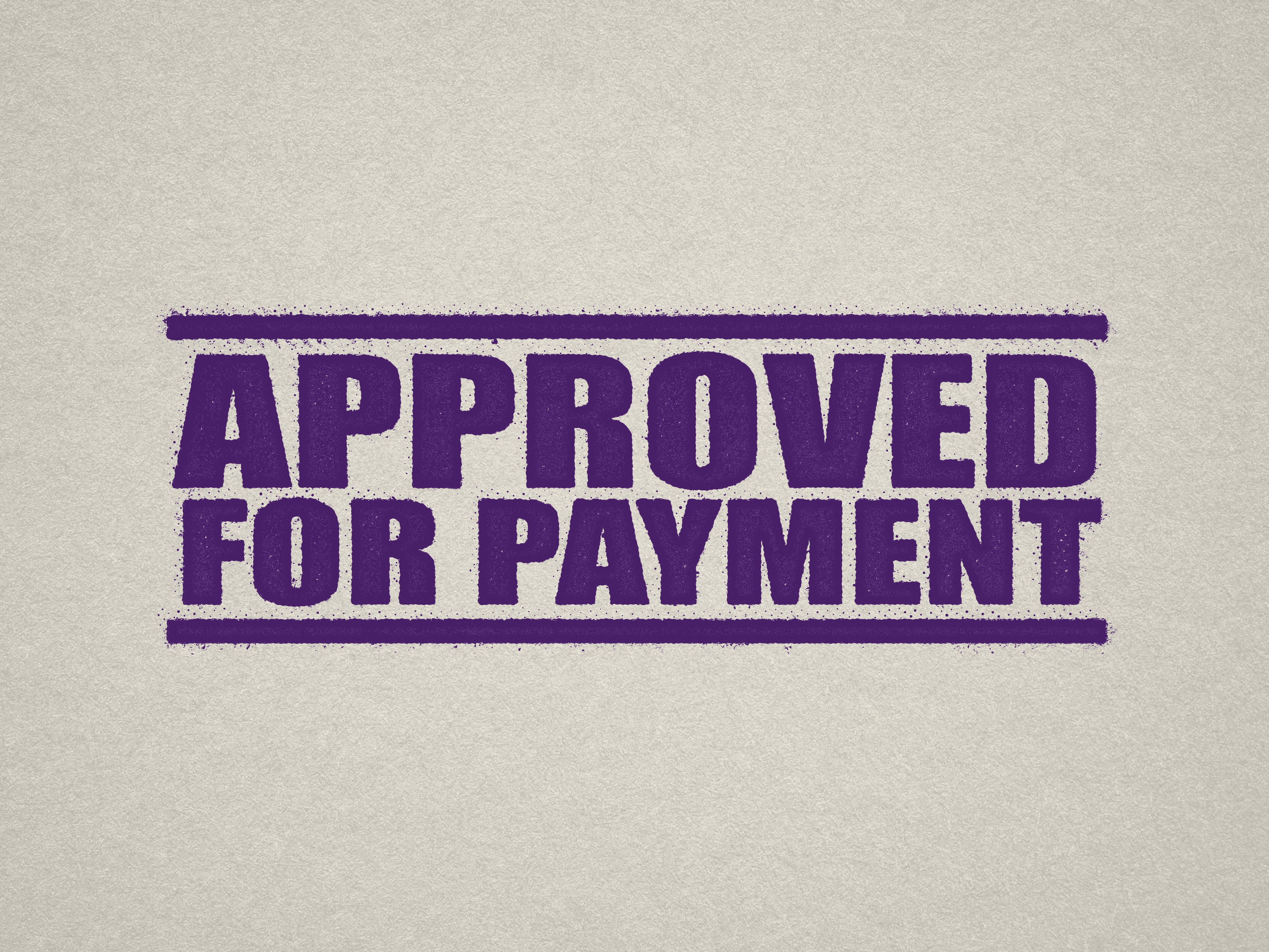 mock up design of 'Approved For Payment" rubber stamp violet ink in paper background stampers hand stamp office business inventory documents purple